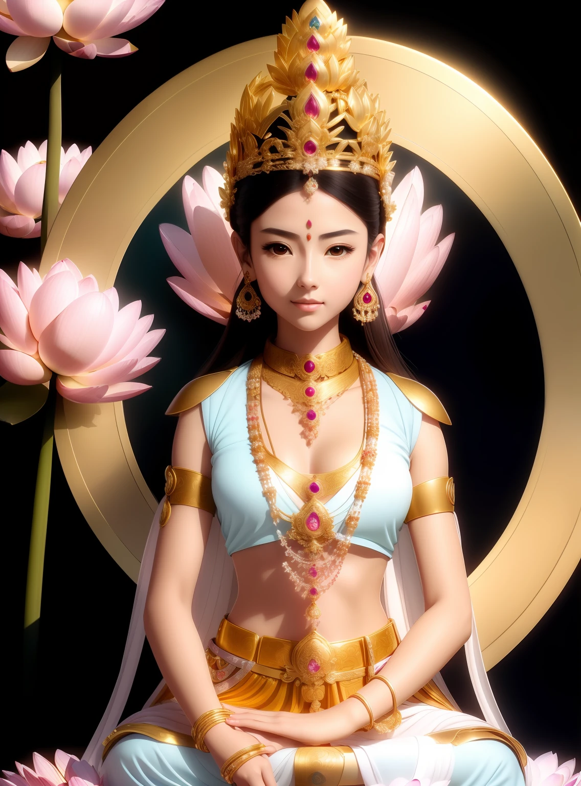 In Elysium，Beautiful 16-year-old princess sitting on a large lotus flower，Wearing a delicate gold crown，Full face，Rounded jaw，A very blessed face，Lotus in hand，Barefoot on both feet，The corners of the mouth are slightly upturned，Look at the camera with a gentle expression，choker necklace，Nobile，Yingluo，chest jewel，Armour，jewelery，Pedras preciosas，Gorgeous and noble costumes，Cross-shoulder top，The sky behind the character has an aperture，Clear sky，A gorgeous fairyland-like Elysium，Jewelry decorates the space，The gold plate is filled with wishful orbs，Clean and ethereal picture，Pure and stain-free，Light，Clean，stately，opulent，Pure Land，8k 壁纸，Amazing Cleavage，tmasterpiece,Goddess of wealth,Venerable goddess,Beautiful dream world，Magical fantasy，