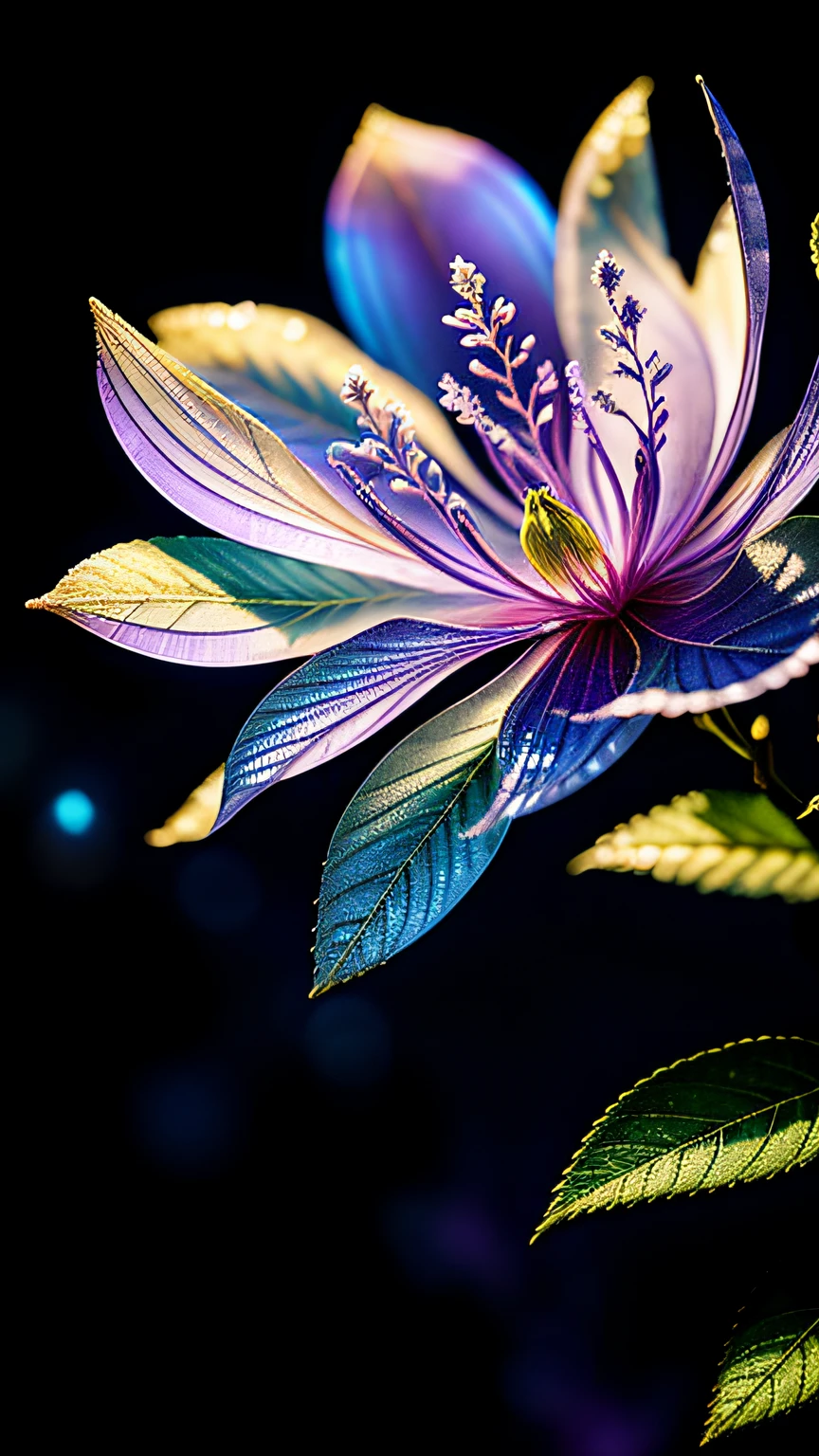 branch of delicate lilac flowers, super transparent, holy light, beautiful spectral light, petals glow, flashing, dark background, drops of transparent light, reflective light, bright, light streaming in, optics, portrait profile, sharp focus, magical, intricate, ultra realistic, fantasy, composition, light, trend on artstation, pearl, patronus cloud of silvery vapor, corrosive enveloping ray family, 8k, ureal ar 23v4 uplight