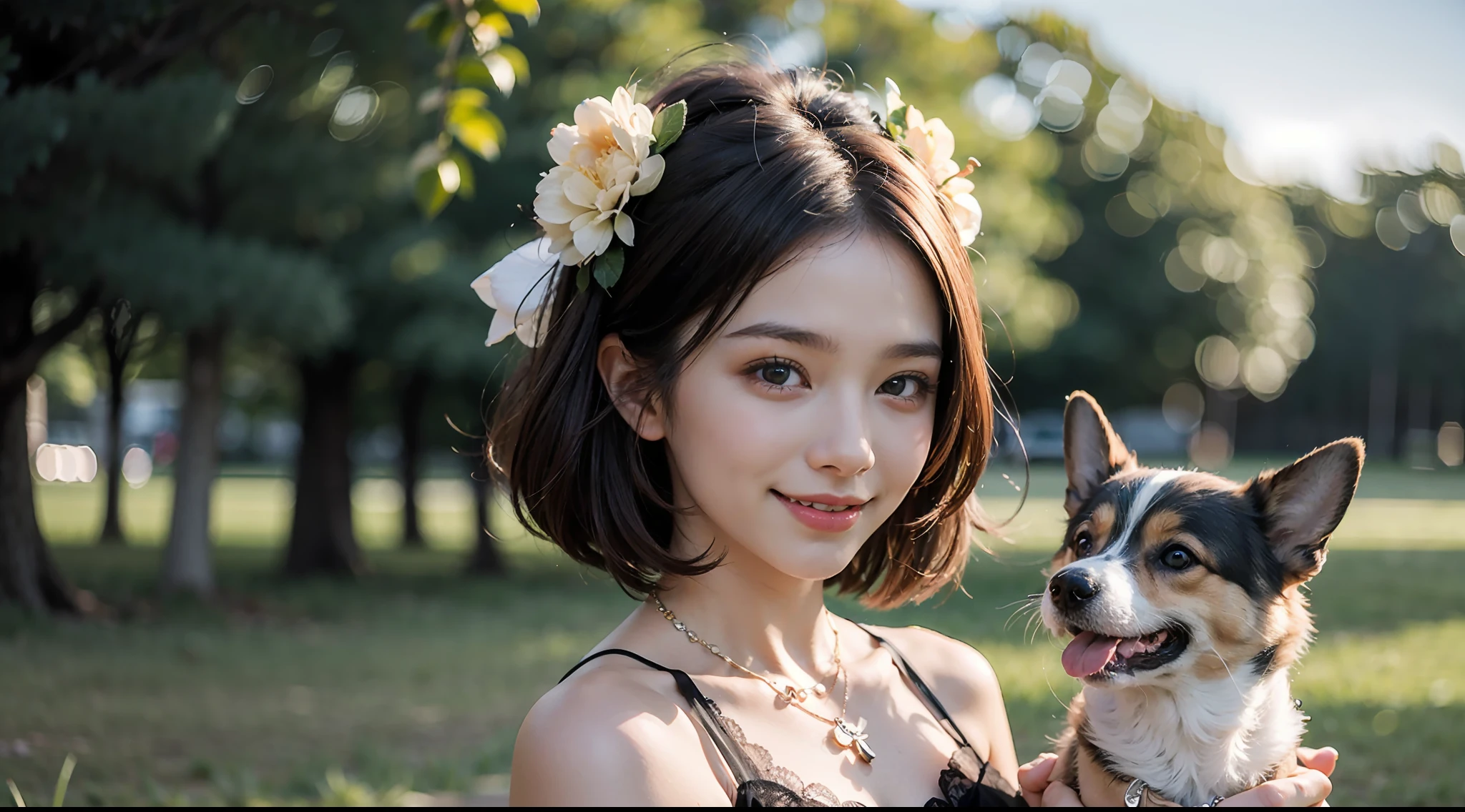 20 years old girl, Perfectly sculpts your body, Purple floral lace dress, Bob Head,brown hair, Blue pupils, necklace, Toothy smile, On the grass of the Metropolitan Park, Holding a corgi, reality, Masterpiece, hyper HD, Ultra-realistic, original artwork, 8K, finedetail,