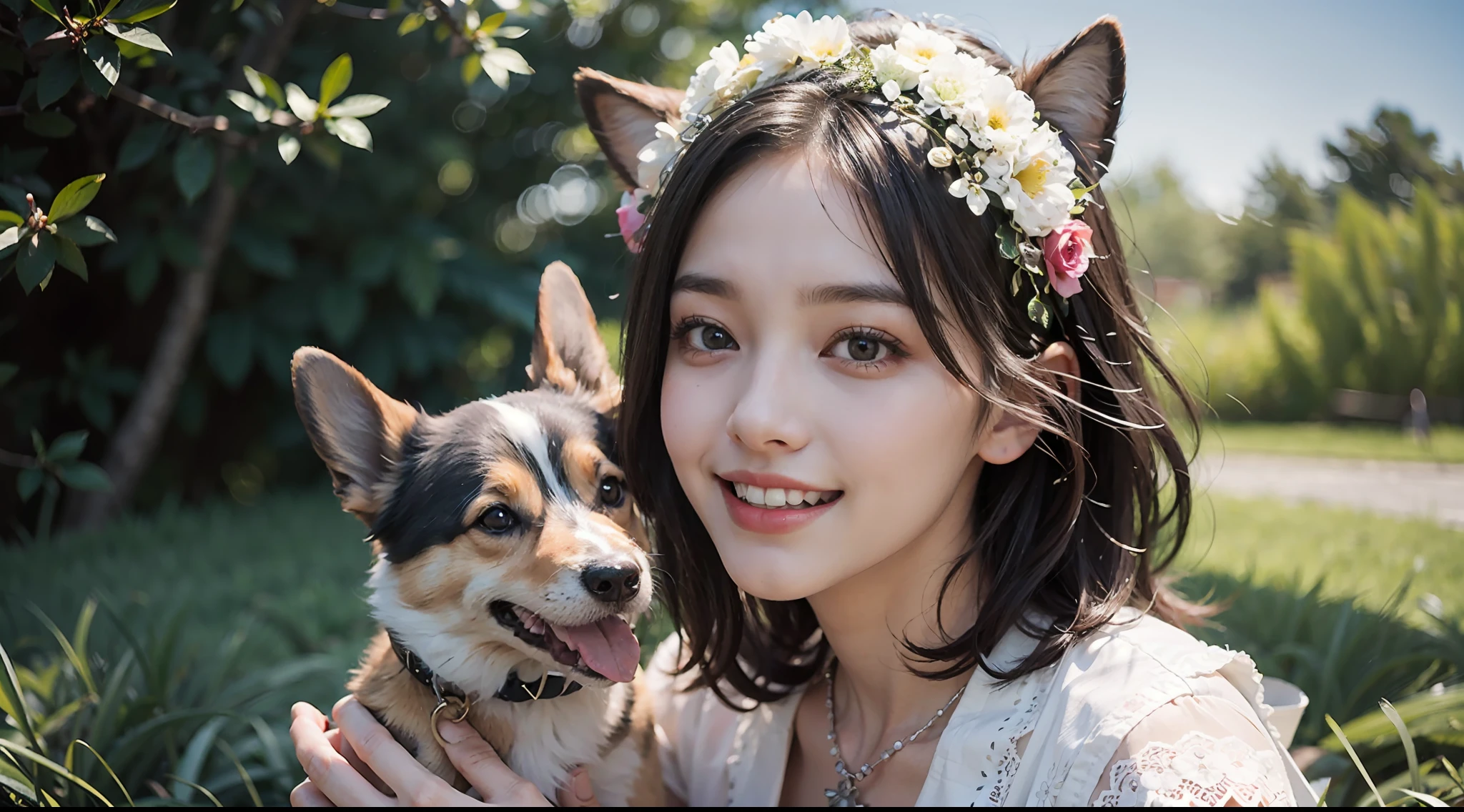 20 years old girl, Perfectly sculpts your body, Purple floral lace dress, Bob Head,brown hair, Blue pupils, necklace, Toothy smile, On the grass of the Metropolitan Park, Holding a corgi, reality, Masterpiece, hyper HD, Ultra-realistic, original artwork, 8K, finedetail,