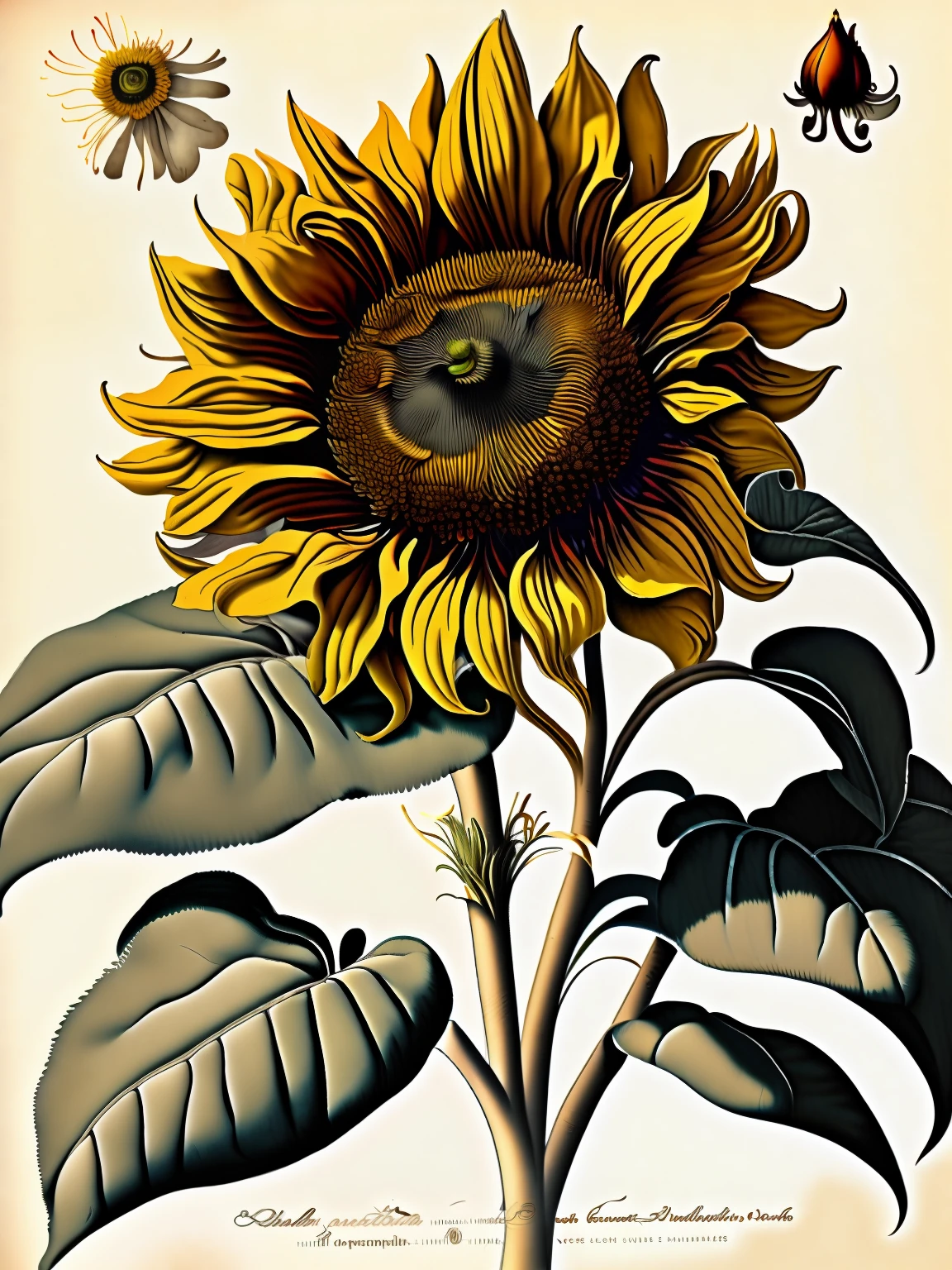 Sunflower illustration、Antique background、Style of Pierre-Joseph Redoute、300 DPI、Ultra-high image quality in 8K、beautiful detail、Has a gorgeous color expression、Generate works with dreamy light effects。