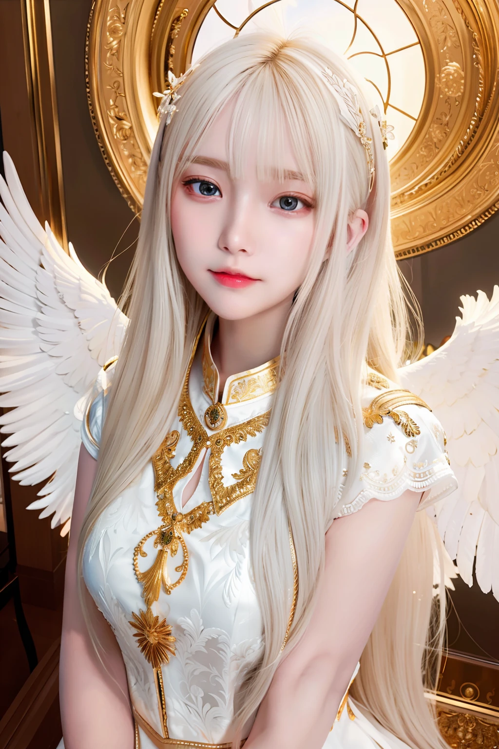 Masterpiece, Best quality, Ultra-detailed, illustration, Close-up, straight on, Face focus, 1girll, White hair, Golden eyes, Long hair, Halo, Angel wings, Serene expression, view the viewer