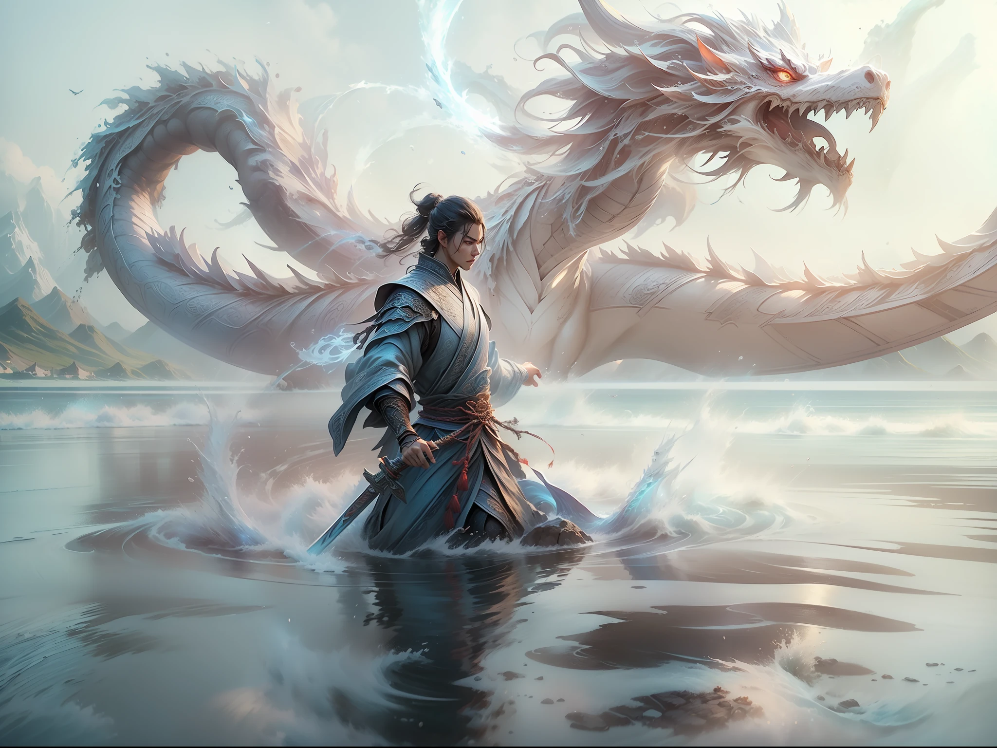 (A cinematic scene), (Full body shot) , 1 male Chinese swordsman, A Chinese dragon circling the water, dreamy glow, Clean, White background, ( Global illumination, Ray traching, hdr, unreal render,reasonable design, high detal, Masterpiece, Best quality, hyper HD, Cinematic lighting)