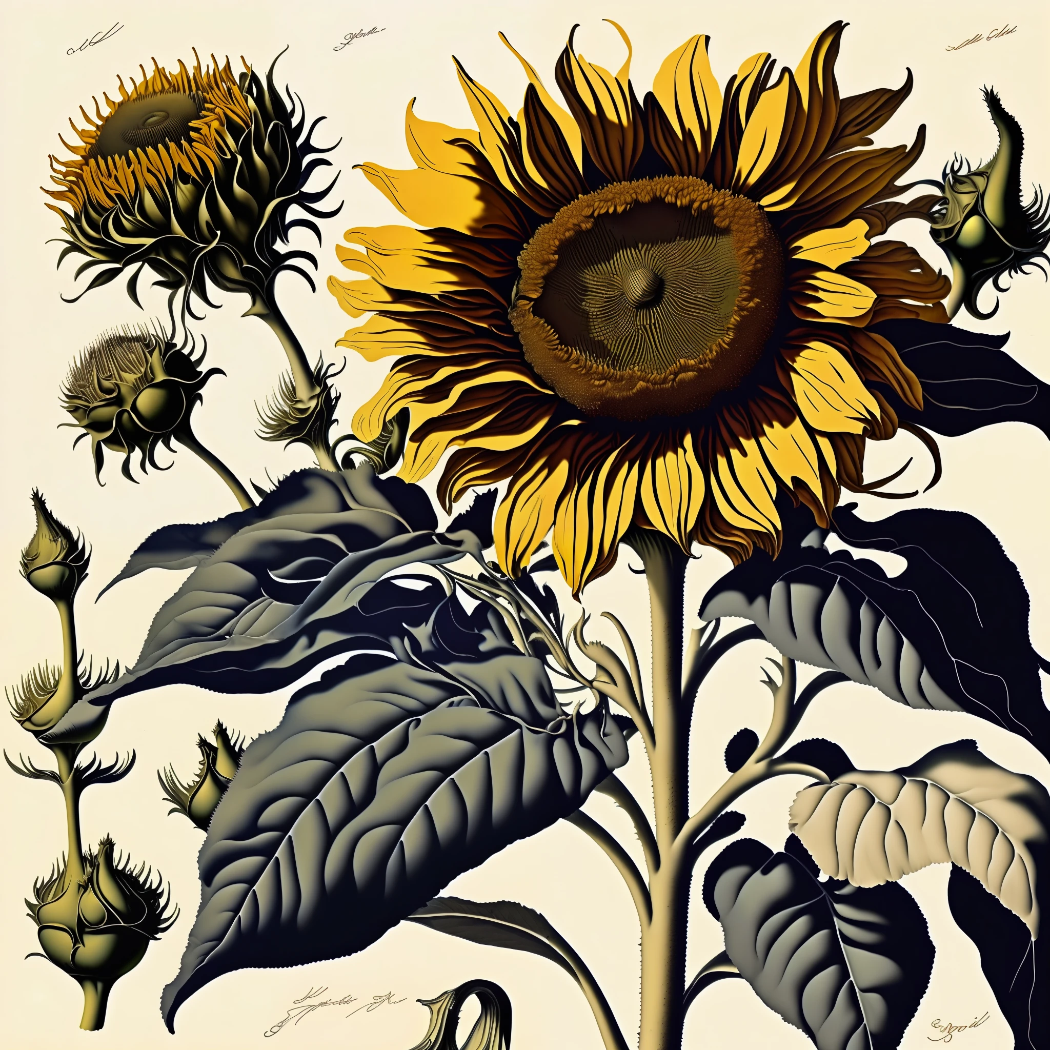 Sunflower illustration、Antique lace fabric background、Style of Pierre-Joseph Redoute、300 DPI、Ultra-high image quality in 8K、beautiful detail、Has a gorgeous color expression、Generate works with dreamy light effects。Do not insert text。