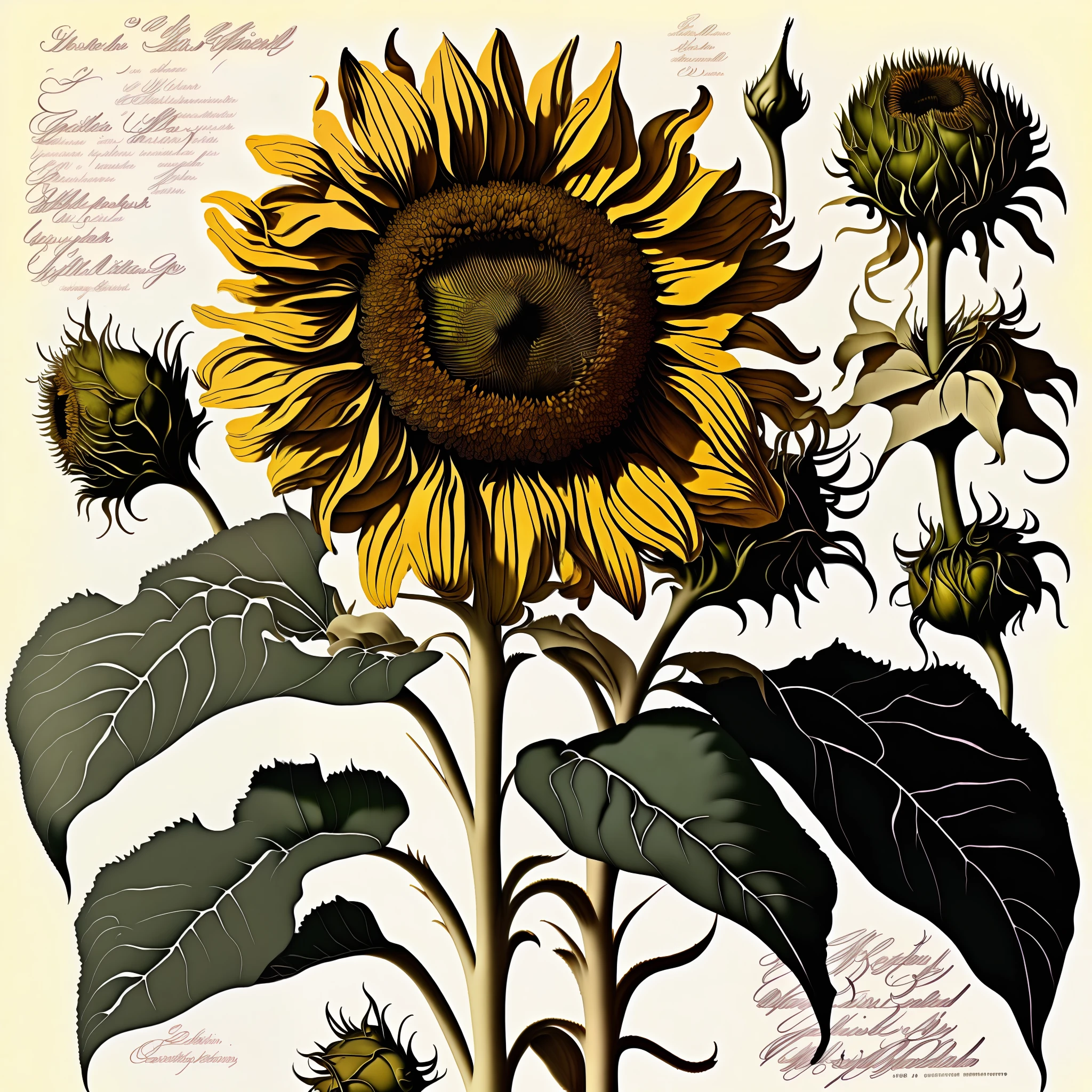 Sunflower illustration、Antique lace fabric background、Style of Pierre-Joseph Redoute、300 DPI、Ultra-high image quality in 8K、beautiful detail、Has a gorgeous color expression、Generate works with dreamy light effects。Do not insert text。