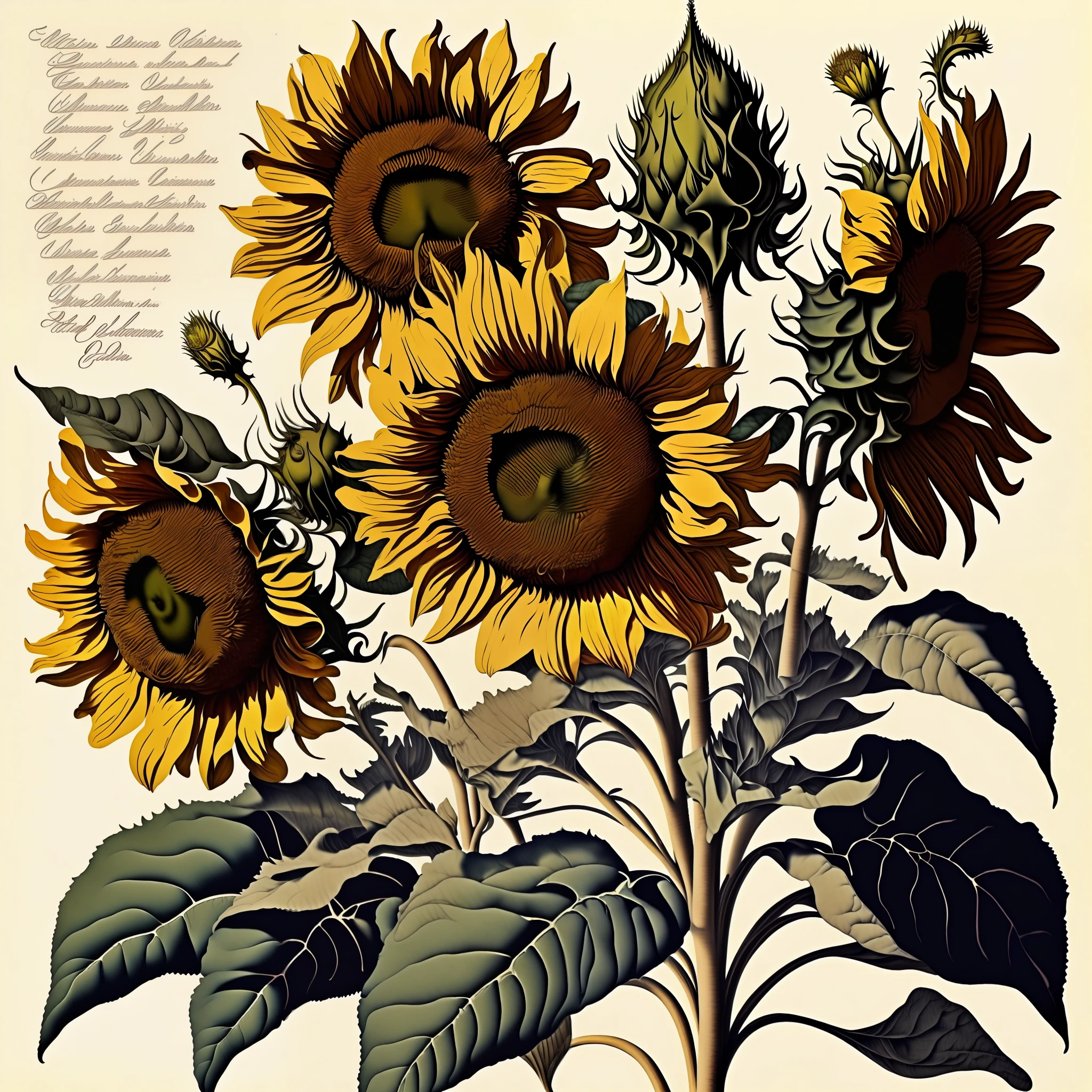 Sunflower illustration、Antique lace fabric background、Style of Pierre-Joseph Redoute、300 DPI、Ultra-high image quality in 8K、beautiful detail、Has a gorgeous color expression、Generate works with dreamy light effects。Do not insert text。