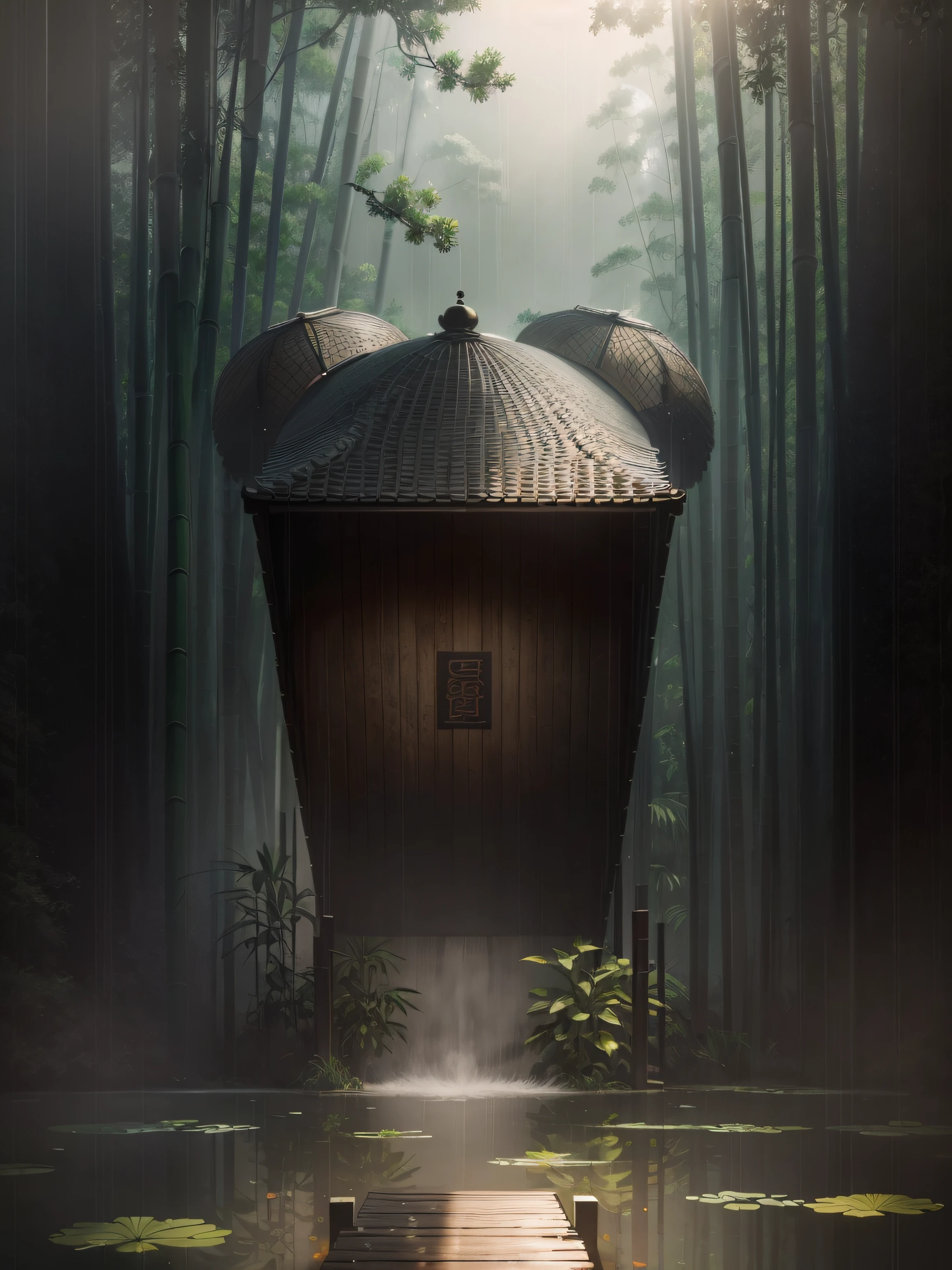 Realism style, photography, nikon, large aperture, mid-range photography, masterpiece, super high quality, gray tone, Chinese pavilion in the pond, Chinese style, bamboo forest background, rainy day, upward perspective, 2/3 of the subject, extreme detail, extreme quality, 4k, dream color, dream light and shadow