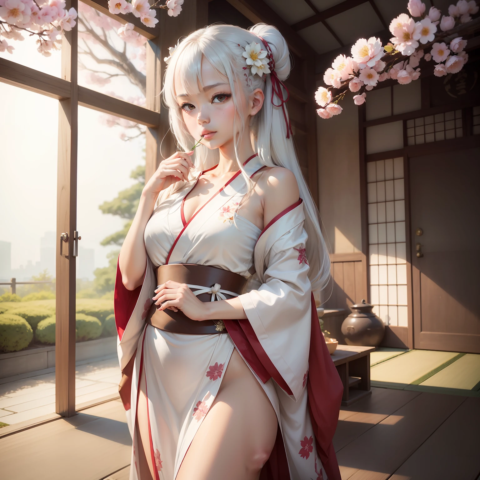 ((best qualtiy)), ((tmasterpiece)), (the detail:1.4), Beautiful portrait of a genki girl，Sweet girl，Beth，the cherry trees，exteriors，Faraway view，White hair，with brown eye，Bare thighs，Japanese anime，White robe，Wear a flower-shaped hairpin，Fan in hand，There are flower-shaped ornaments around the waist，Face the Japanese，