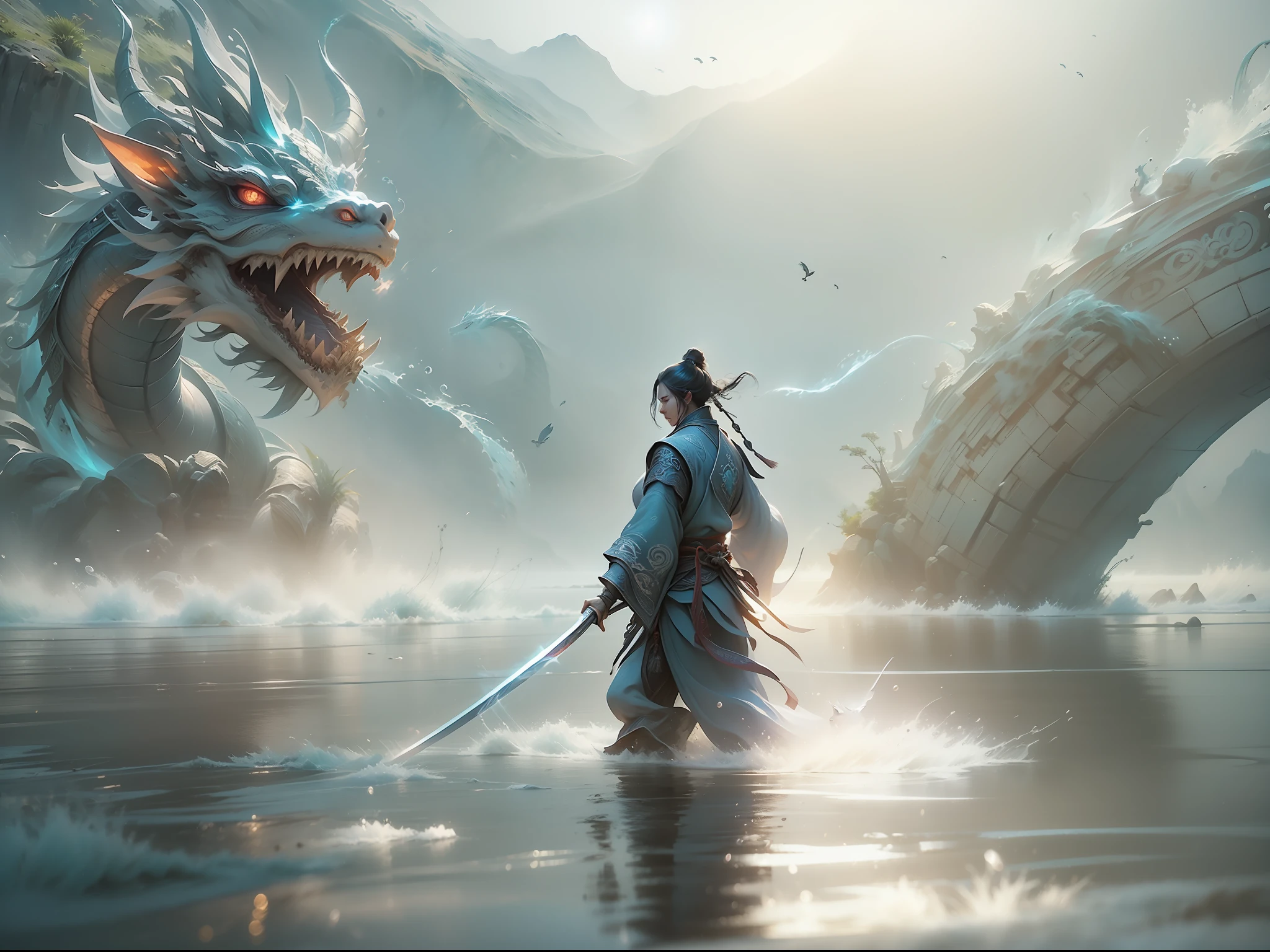 (A cinematic scene), (Full body shot) , 1 male Chinese swordsman, A Chinese dragon circling the water, dreamy glow, Clean, White background, ( Global illumination, Ray traching, hdr, unreal render,reasonable design, high detal, Masterpiece, Best quality, hyper HD, Cinematic lighting)