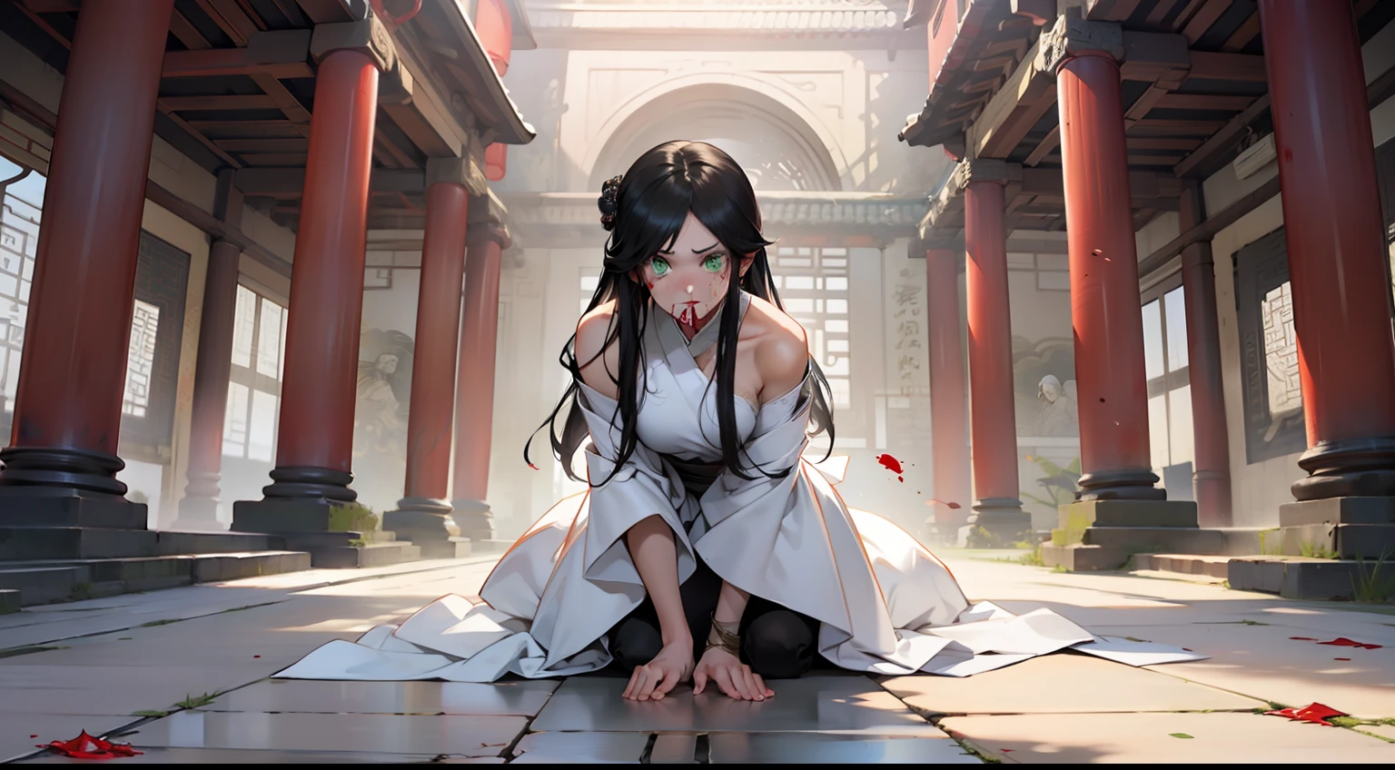 Kizi, ((Green eyes)), ((Long black hair),white dresses，white gauze, Young woman,Head down，His face turned pale，The expression is grim，terroral，Full body like，Faraway view，bleeding from the corners of her mouth，Orbital hemorrhage，kneels on the ground，Accept trial(Background with：Inside a huge palace in ancient China，Stealth horror)