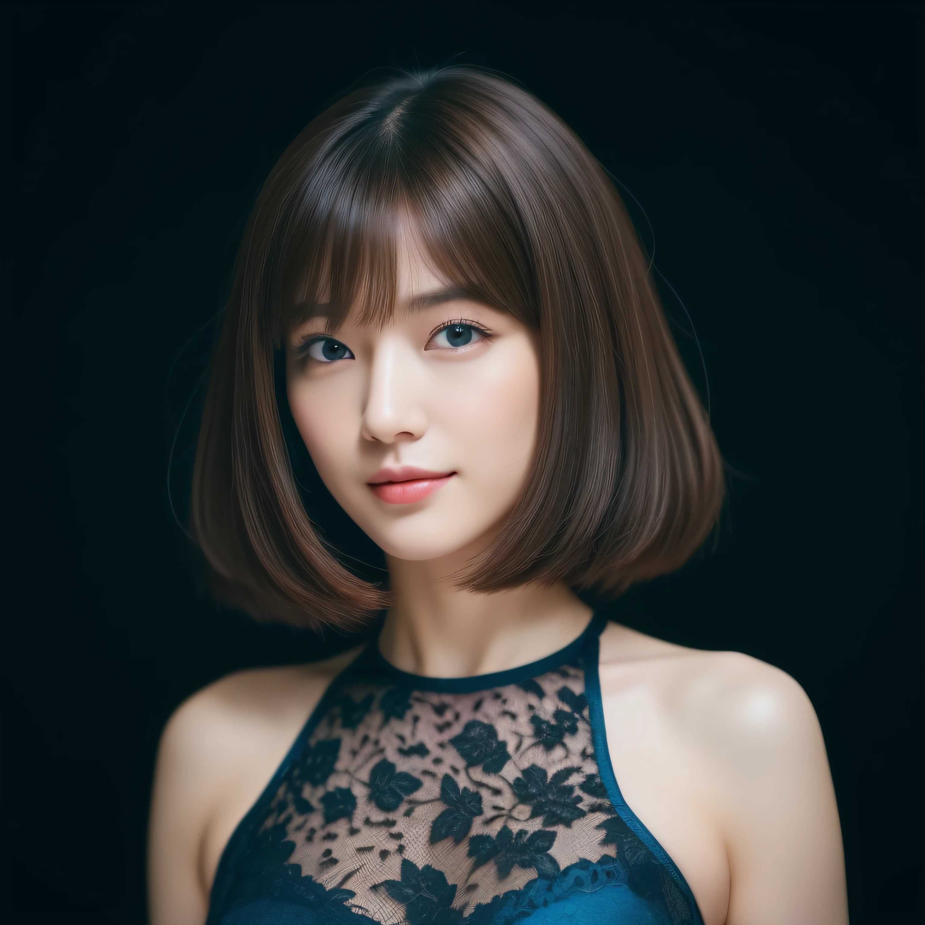 Beautiful 26 year old woman。She wears a tight dress with black lace in shiny light blue satin fabric。kindly smile。Her dark brown hair is、Her hair is long enough to reach straight shoulders.。hight resolution、​masterpiece、top-quality、headw:1.3、((Hasselblad photo))、Fine skin、Fine textures、foco nítido、(电影灯光)、鎖骨、I look back at this while strolling around the city at night。