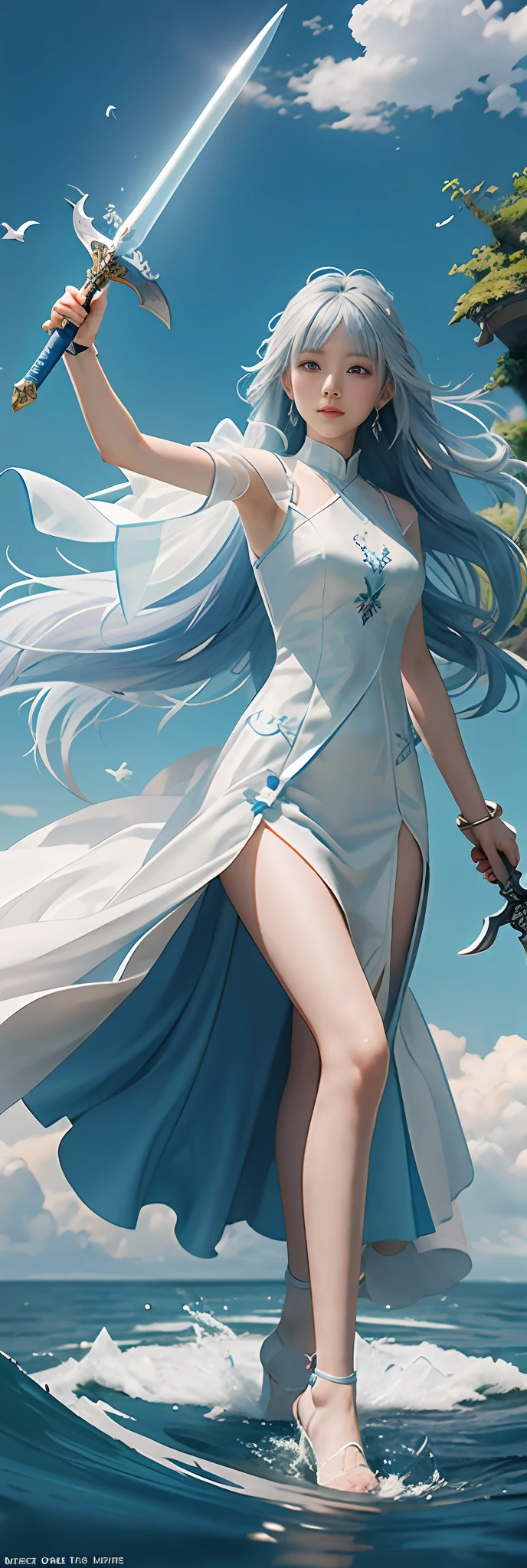 Anime girl wearing white dress,Sword and blue dress, Kushatt Krenz Key Art Women, sword and wand – water, she is holding a sword, Guviz-style artwork, By Leng Mei, Ross Tran 8 K, NeoArtcore和Charlie Bowater(charlie bowater), flowing magical robe, by Yang J