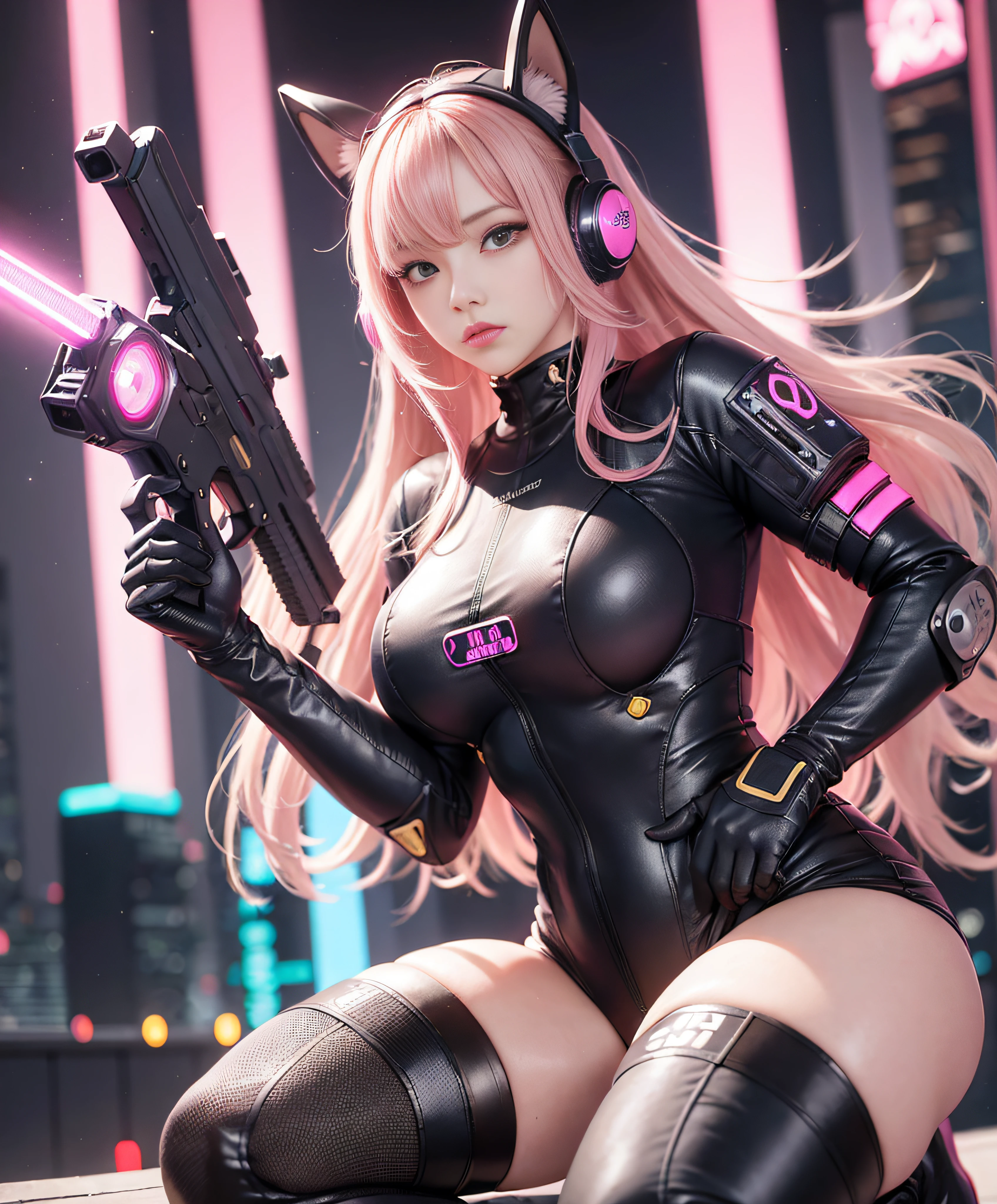 Girl with a gun、Pink costume、long hair of golden color、hold a gun、Sharp eyes、Digital Cyberpunk、Portrait Space Cadet Girl、futuristic cities、neons、Cyberpunk Girl Mecha、an oppai cyberpunk、thighs thighs thighs thighs、Glossy skin、Kneeling、Cute cyborg girl、optic、llight rays