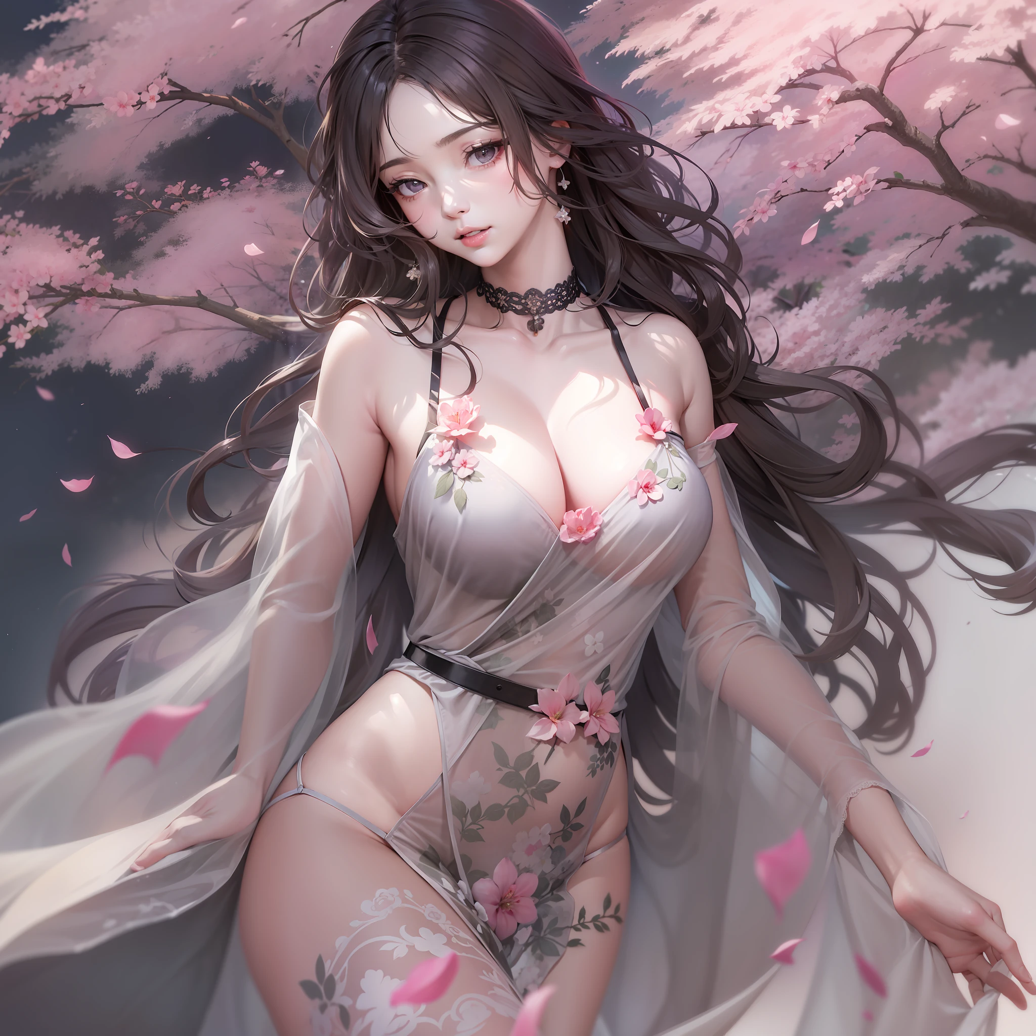 Loose clothing、cropped shoulders、Dark string dress、How to wear a black dress、Decorated with intricate patterns and bright colors、transparent materials，Makes skin shiny、The artwork depicts seductive female dresses wearing damp cloth and transparent skin, Floral and dreamy patterns，Traditional clear skin，Smooth as silky smooth。Her dress draped elegantly over her curvaceous figure、Emphasize her captivating silhouette。She is a gentle night of fireworks、Dynamic posing、sexyposture、Bask in soft moonlight。The scene is、With a touch of mystery and sexiness、It exudes an ethereal dreamy atmosphere。The image style is、It combines watercolor and digital illustration techniques.、Let you feel the exquisite beauty and charm。soft moonlight lighting、casting soft highlights and shadows on her charming features。Dynamic posing、Bold Pose、The hand is somewhere、ssee-through、show through、A sexy、Wet hair、Wet、（the cherry trees、Flower petals、SakuraNS、the cherry trees、Sakura Blizzard 1.5）、submerged、Transparent skin、Wet clothes、（Chest 1.2）、Navel Ejection、Swaying in the wind、Burgundy、pale red、（Laziness 1.5）、Lace color、lace choker、choker necklace、Lie on your back on the water、New lining、