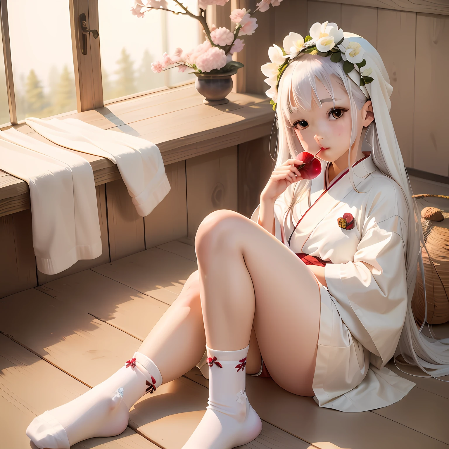 ((best qualtiy)), ((tmasterpiece)), (the detail:1.4), Beautiful portrait of a genki girl，Sweet girl，White knee-length socks，the cherry trees，exteriors，Faraway view，White hair，with brown eye，Bare thighs，Japanese anime，White robe，Wear a flower-shaped headdress，Fan in hand，house