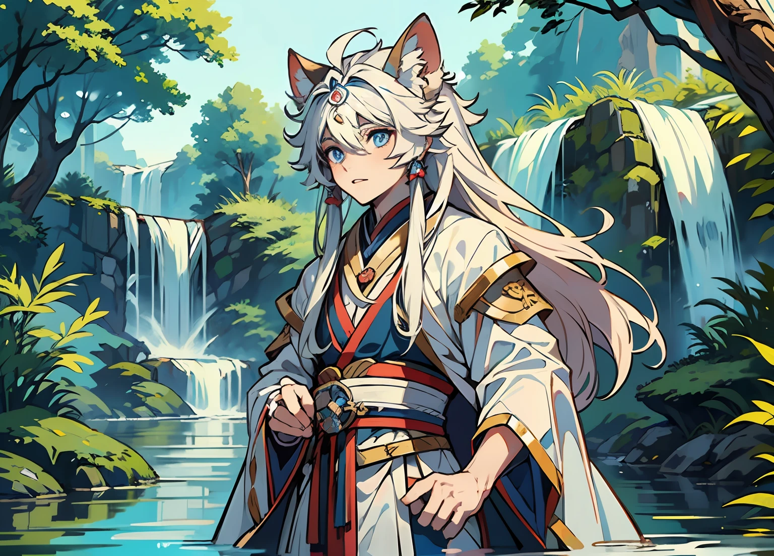 anime big breast，tmasterpiece，mtu，A boy with，shoun，whaite hair，long whitr hair，Wearing a white robe，Light wind，the trees，small stream，Qingyun Sect Palace，mountain path  ，beast ear，Control water spiritual power，Royal blue eyes