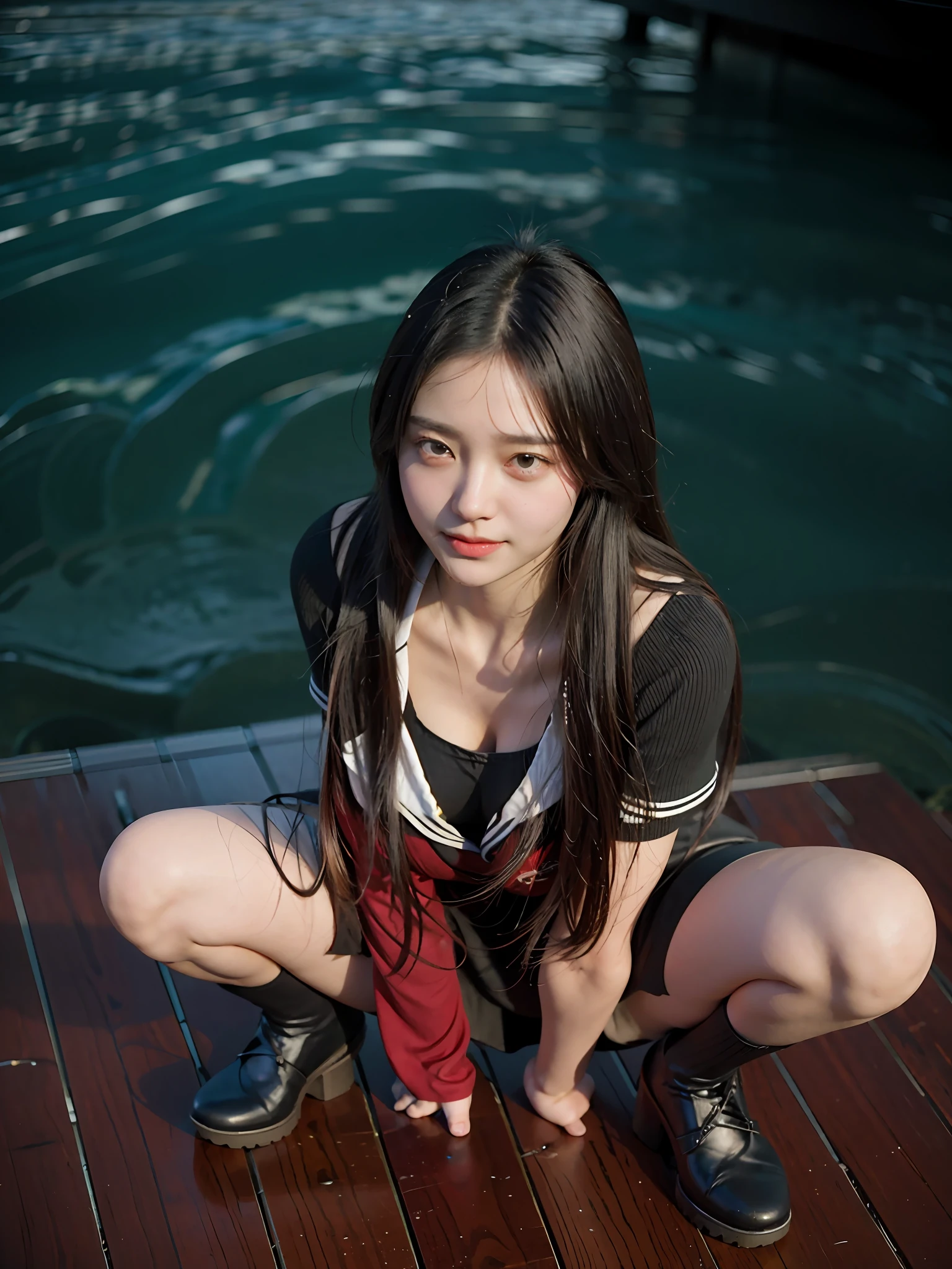 Move the center of gravity back,put both feet in the hand circle,very embarrassed,with no underpants,(thick leg),leotard skirt,knees at 90 degrees,heels on the ground,hands in front of your feet,kneeling down,pedestrian walkway,RAW photos,8K,HighestQuali, 超高分辨率,Beautiful face details,Real human skin,Smile Expression,up front view,From the angle below,long whitr hair,realisticlying,realisticlying,adolable,short skirt,Squat in front of the pool,cute female student,(Wear short black sleeves),Surreal high school girl,full bodyesbian,18 years old girls,((huge tit))
