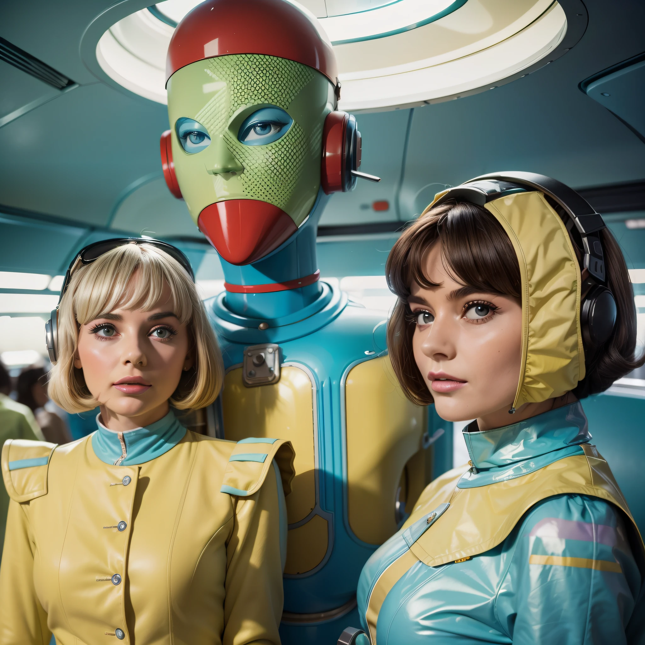 4k image of a 1960s science fiction film by Stanley Kubrick, Filme O Grande Hotel Budapeste, pastels colors, Young people wearing retrofuturistic alien masks and holding colorful suitcases and chests on the bus, Retro-futuristic fashion clothes from the 60s with old robots, Luz Natural, Psicodelia, futurista estranho, retro-futurista, photo-realistic, Sharp background details.