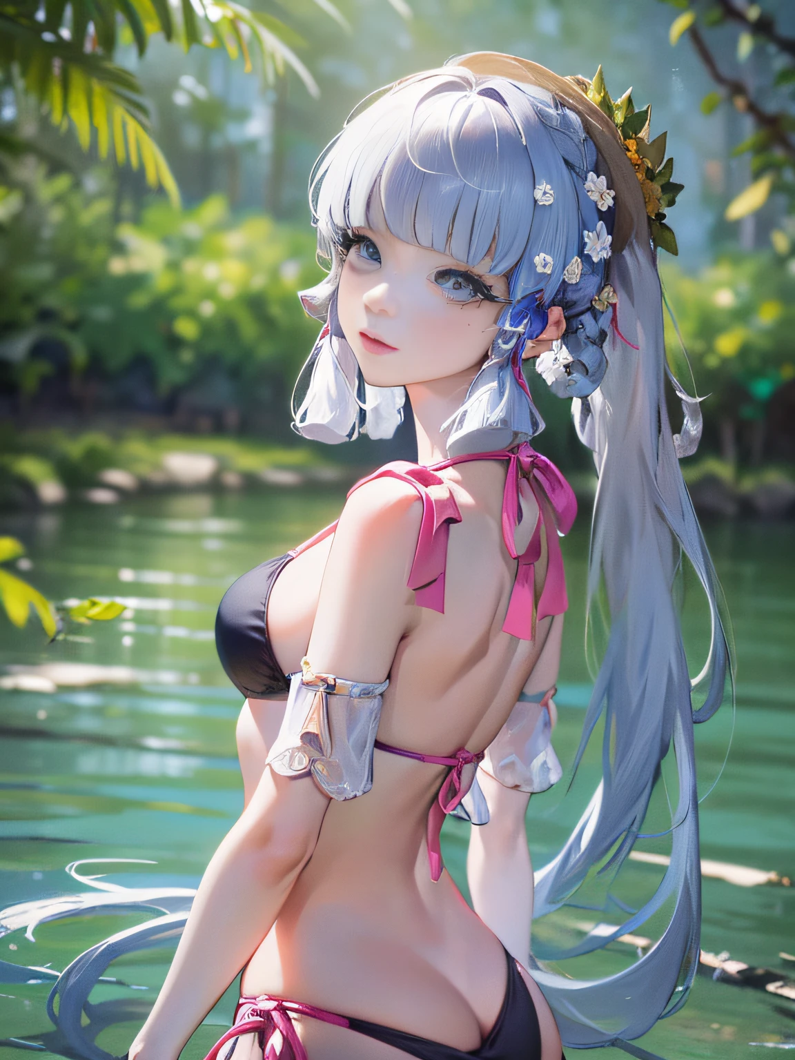(NSTDA.:1.2), (10, beste-Qualit, master-piece: 1.4), ultra-high resolution, (lifelike, photorealistic portrait: 1.48), 20 age, Cute Girl, (See through the microcolor bikini beetle:1.48), Famous Japanese actors, (hair over one eye:1.3), Blue Eyes, Head tilt, cowboy shot, from the side, looking at the audience, expressionless, Beautiful lake, Zeiss 150mm F/ 2.8 Hasselblad, Whole body, foot, Ultra-Wide Angle