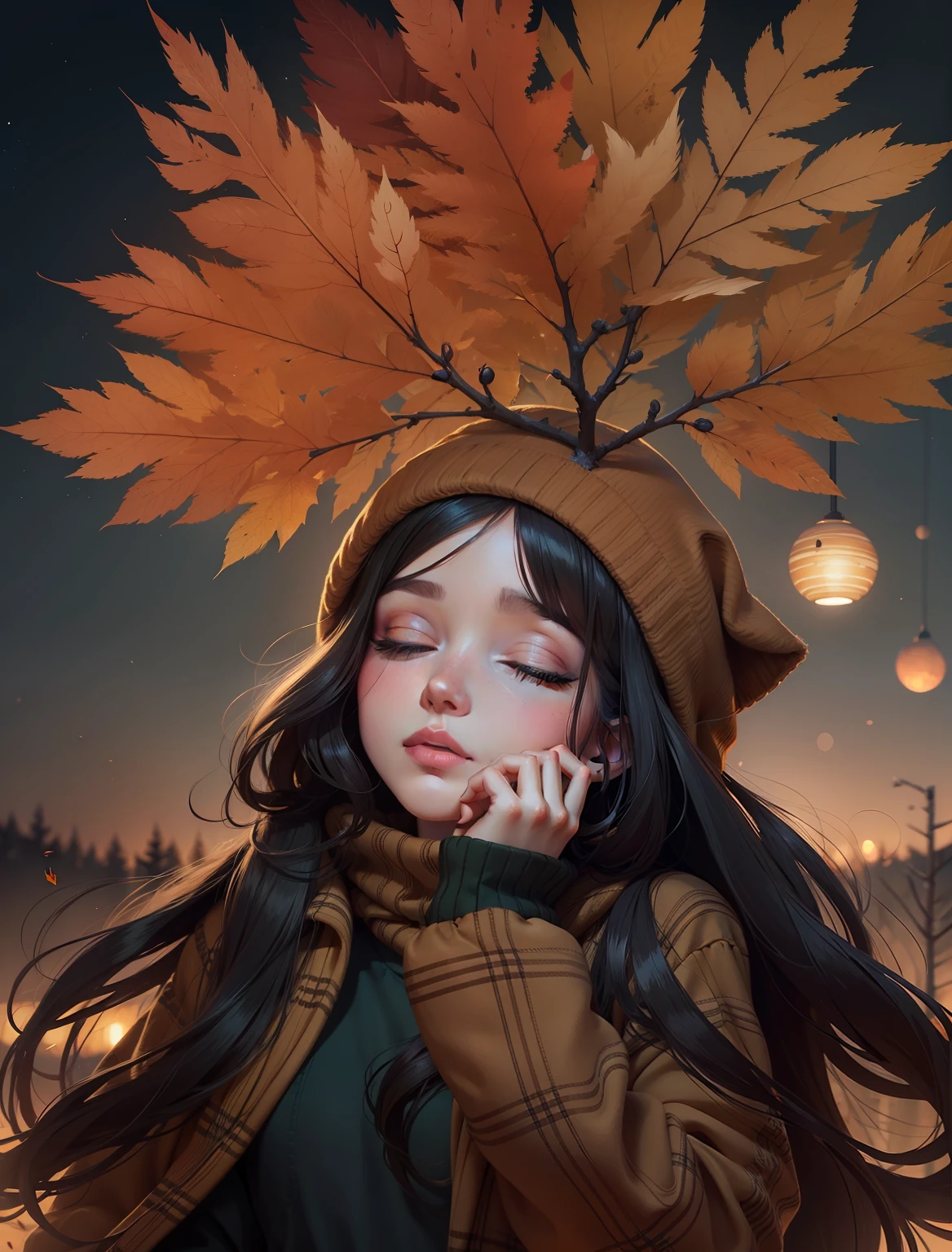 Create an illustration inspired by fall and cozy vibes, sleepy eyes