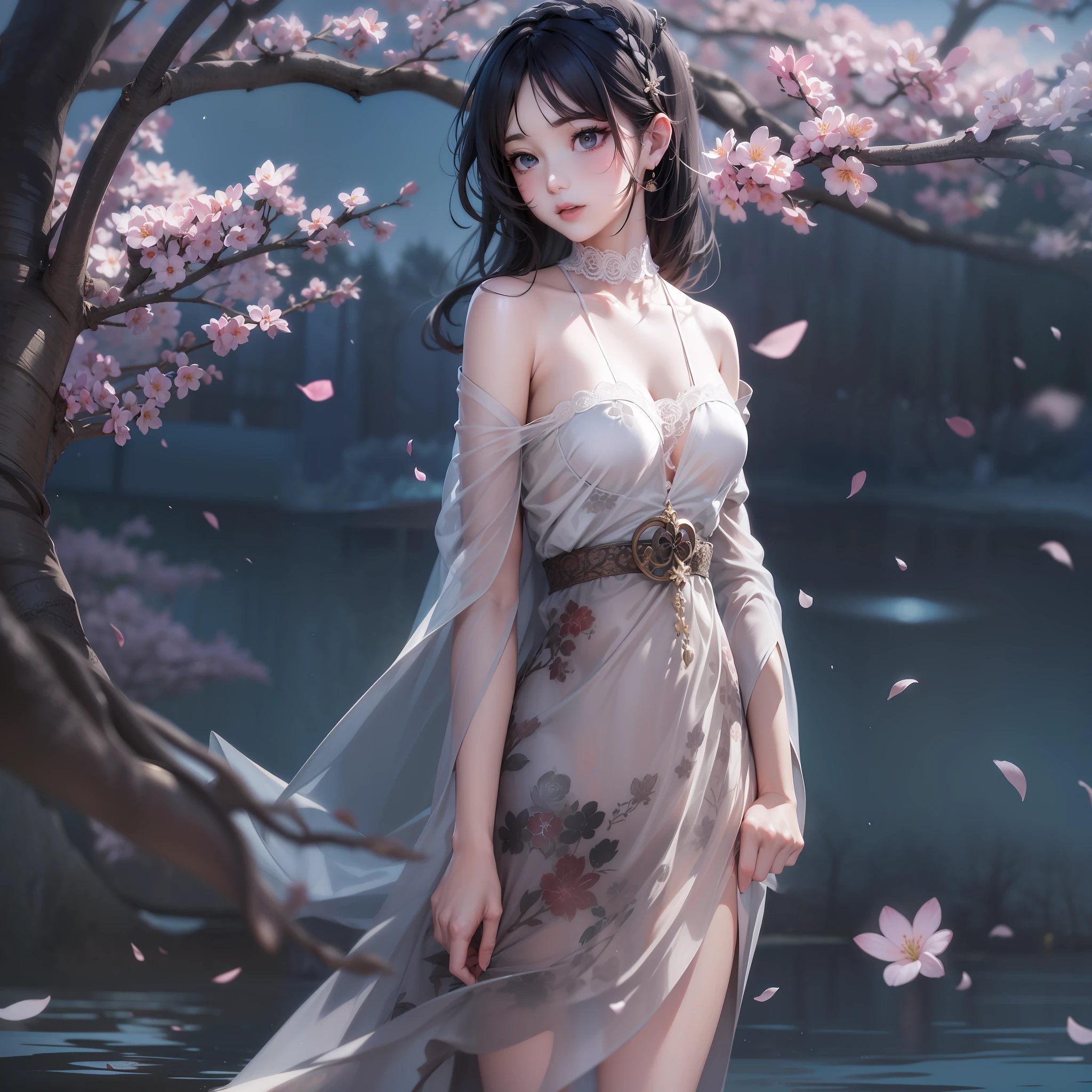 Loose clothing、cropped shoulders、Dark string dress、How to wear a black dress、Decorated with intricate patterns and bright colors、transparent materials,Makes skin shiny、The artwork depicts seductive female dresses wearing damp cloth and transparent skin, Floral and dreamy patterns,Traditional clear skin,Smooth as silky smooth。Her dress draped elegantly over her curvaceous figure、Emphasize her captivating silhouette。She is a gentle night of fireworks、Dynamic posing、sexyposture、Bask in soft moonlight。The scene is、With a touch of mystery and sexiness、It exudes an ethereal dreamy atmosphere。The image style is、It combines watercolor and digital illustration techniques.、Let you feel the exquisite beauty and charm。soft moonlight lighting、casting soft highlights and shadows on her charming features。Dynamic posing、Bold Pose、The hand is somewhere、ssee-through、show through、A sexy、Wet hair、Wet、(the cherry trees、Flower petals、SakuraNS、the cherry trees、Sakura Blizzard 1.5)、submerged、Transparent skin、Wet clothes、(Chest 1.2)、Navel Ejection、Swaying in the wind、Burgundy、pale red、(Laziness 1.5)、Lace color、lace choker、choker necklace、Lie on your back on the water、New lining、