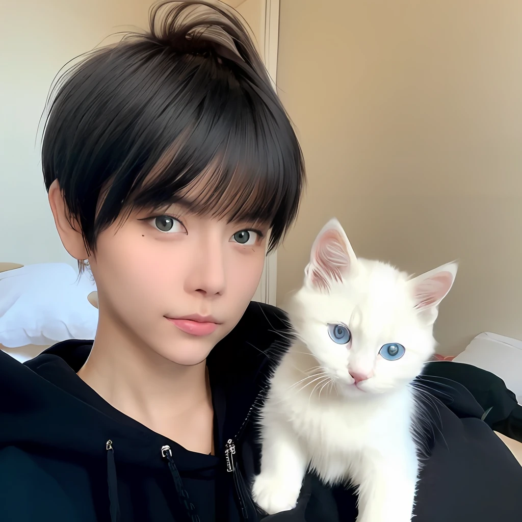 1 tomboy girl holding a white kitten, pixie hair, short hair, black hair, selfie pose, black hoodie, bedroom brown background, white shirt, realistic