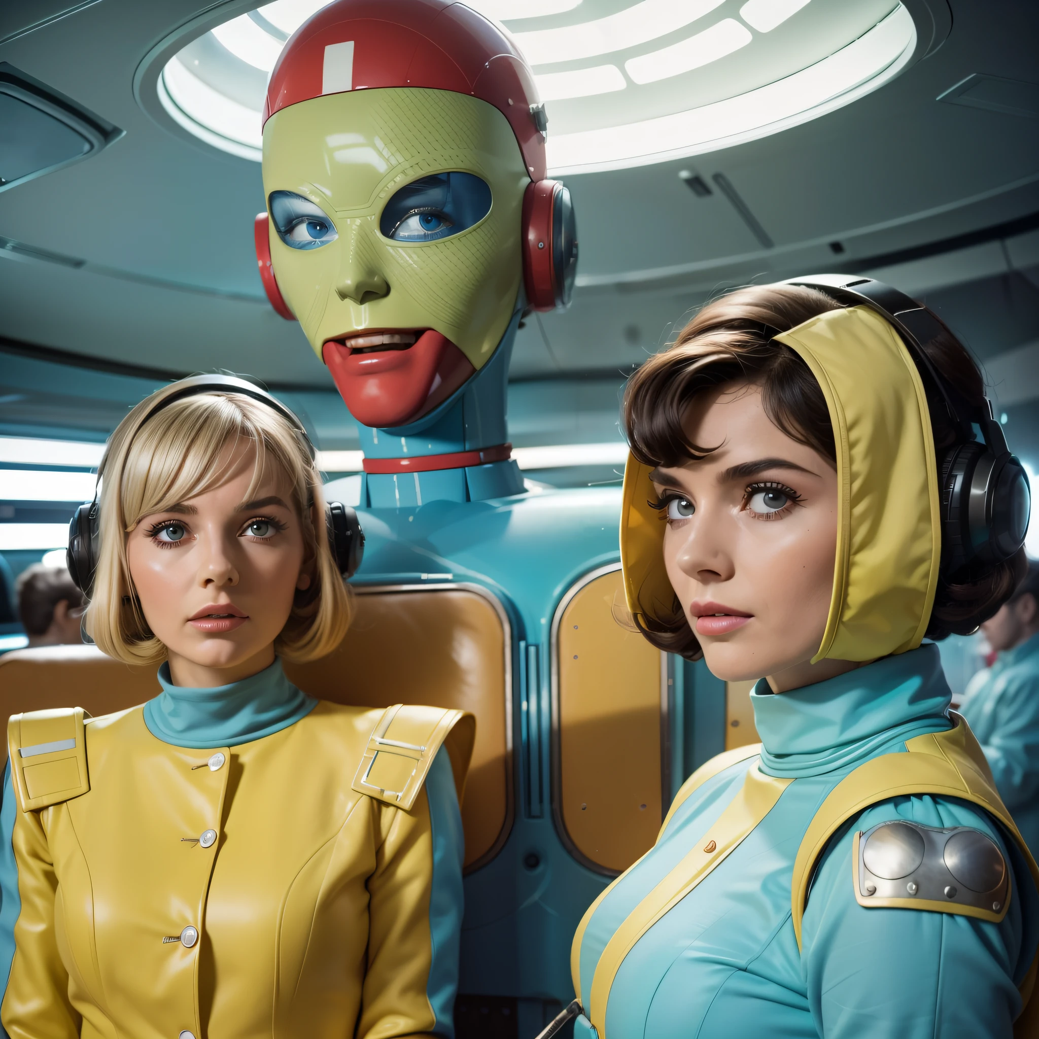 4k image of a 1960s science fiction film by Stanley Kubrick, Filme O Grande Hotel Budapeste, pastels colors, Young people wearing retrofuturistic alien masks and holding colorful suitcases and chests on the bus, Retro-futuristic fashion clothes from the 60s with old robots, Luz Natural, Psicodelia, futurista estranho, retro-futurista, photo-realistic, Sharp background details.
