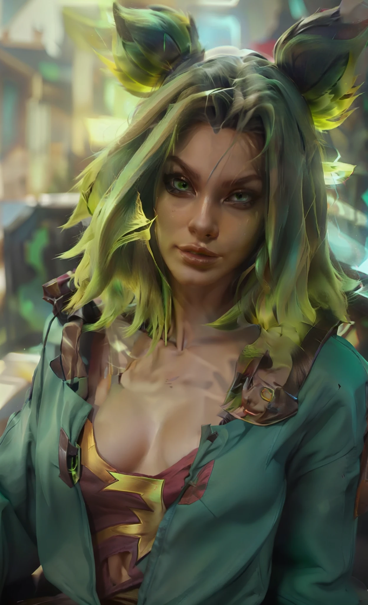 Psychedelic style, Персонаж игры League of Legends, Zara, Metaverse, Detail, (green hair),