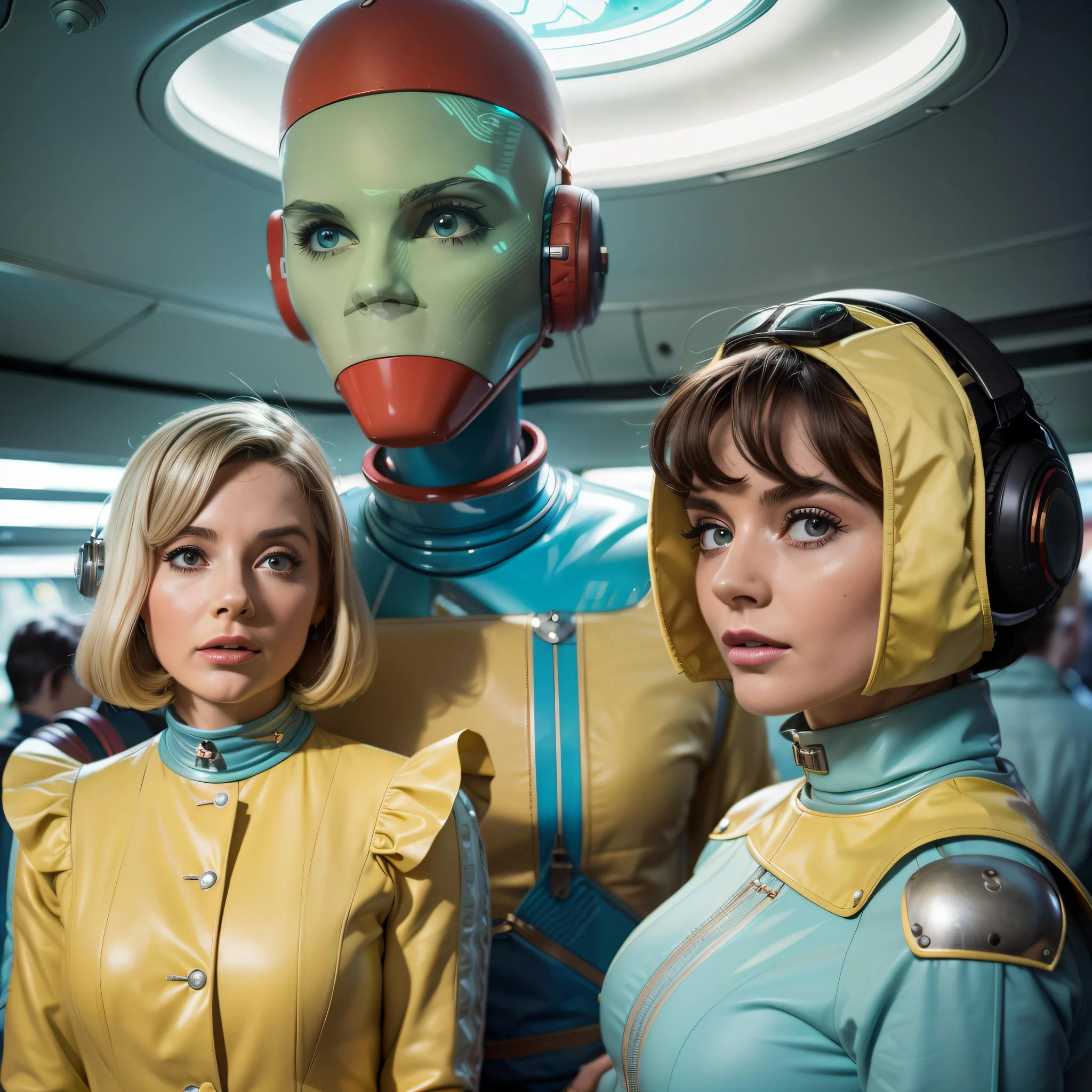 4k image of a 1960s science fiction film by Stanley Kubrick, Filme O Grande Hotel Budapeste, pastels colors, Young people wearing retrofuturistic alien masks and holding colorful suitcases and chests on the bus, Retro-futuristic fashion clothes from the 60s with old robots, Luz Natural, Psicodelia, futurista estranho, retro-futurista, photo-realistic, Sharp background details.