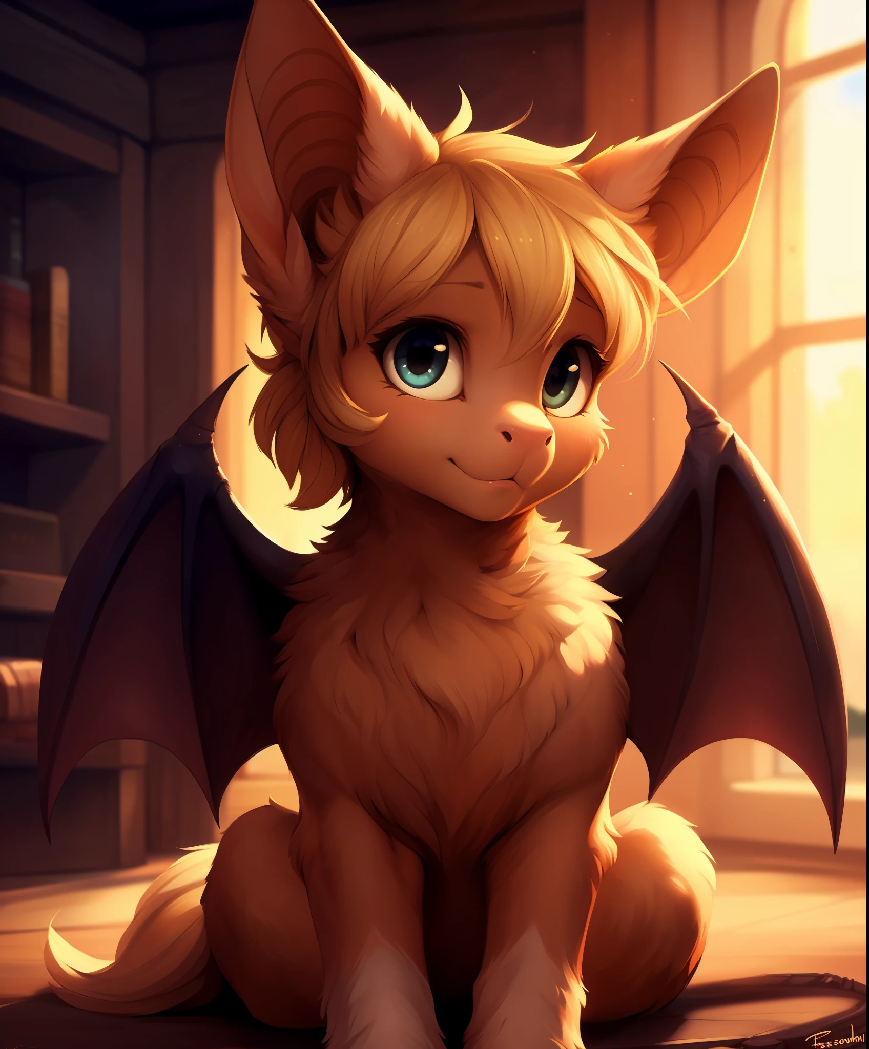 a cute bat pony, fluffy, feral pony,, best quality, perfect anatomy, fluff, (body fur), masterpiece, (digital painting, soft shading,, warm lighting), cute,, [by dagasi|ancesra:0.5], (by foxovh|by personalami), (by einshelm|by tom_fischbach)]