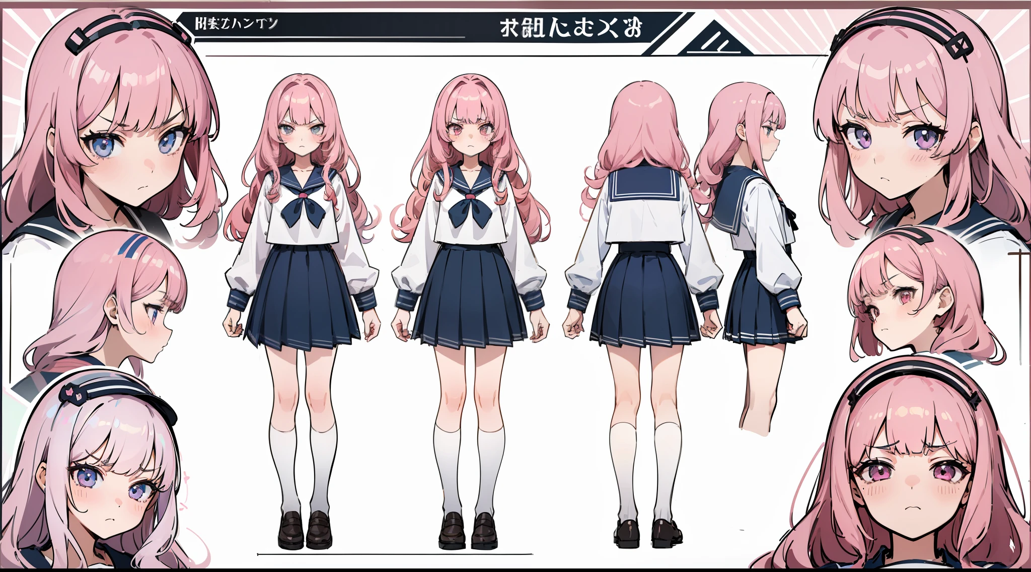 ((Masterpiece, highest quality)), detailed face, character sheet, Full body, full of details, multiple poses and expressions, highly detailed, depth, many parts, 1girl, school uniform, seifuku, sailor uniform, long sleeves, pink hair, wavy hair, long hair, blunt bangs, tsundere, flat chest, angry expression