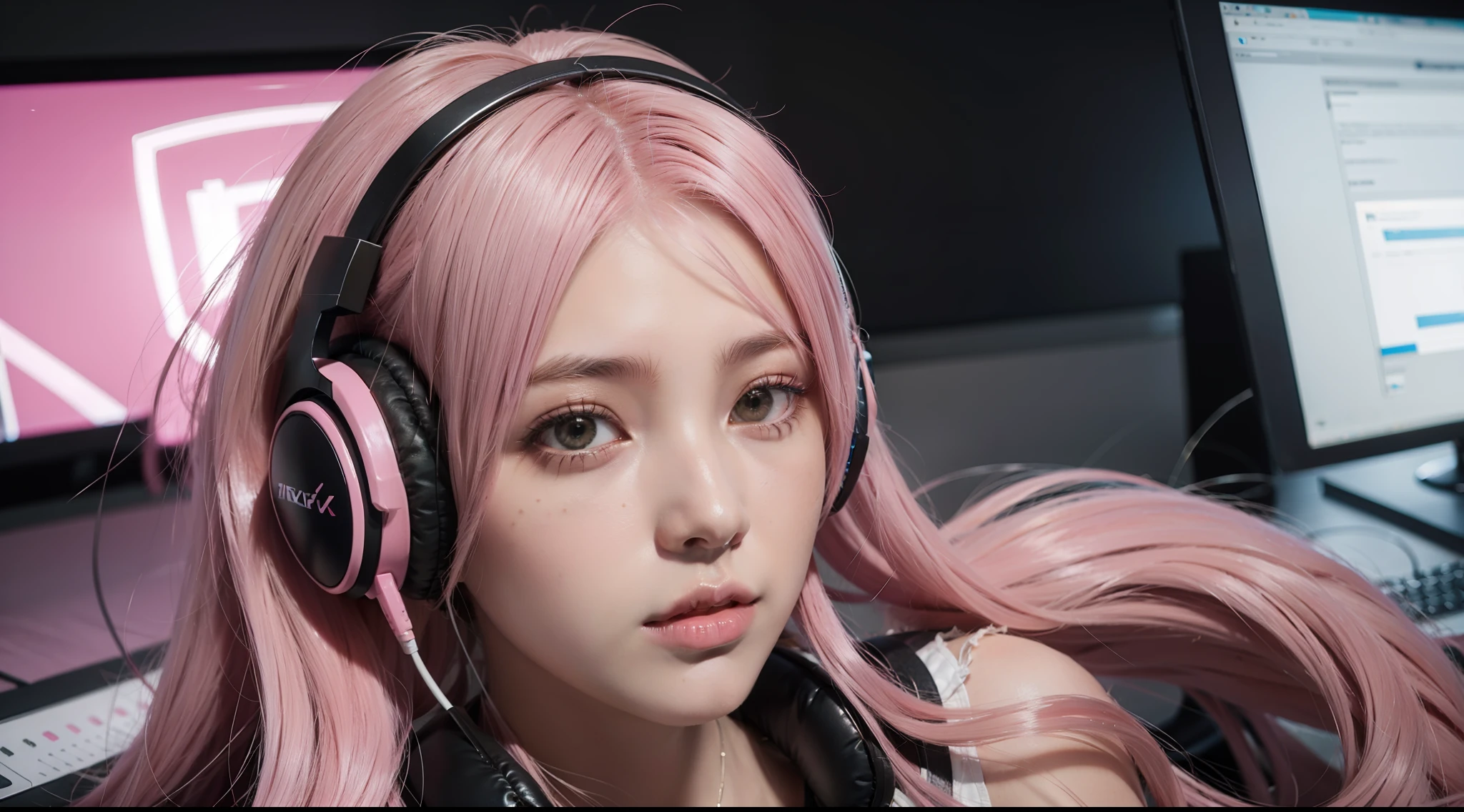 Gradient hair, horse tailed, Game girlfriend, Pink hair, hyper HD, Masterpiece, Textured skin, High quality, 8K,wearing headphone,Being in the room,Staring at me
