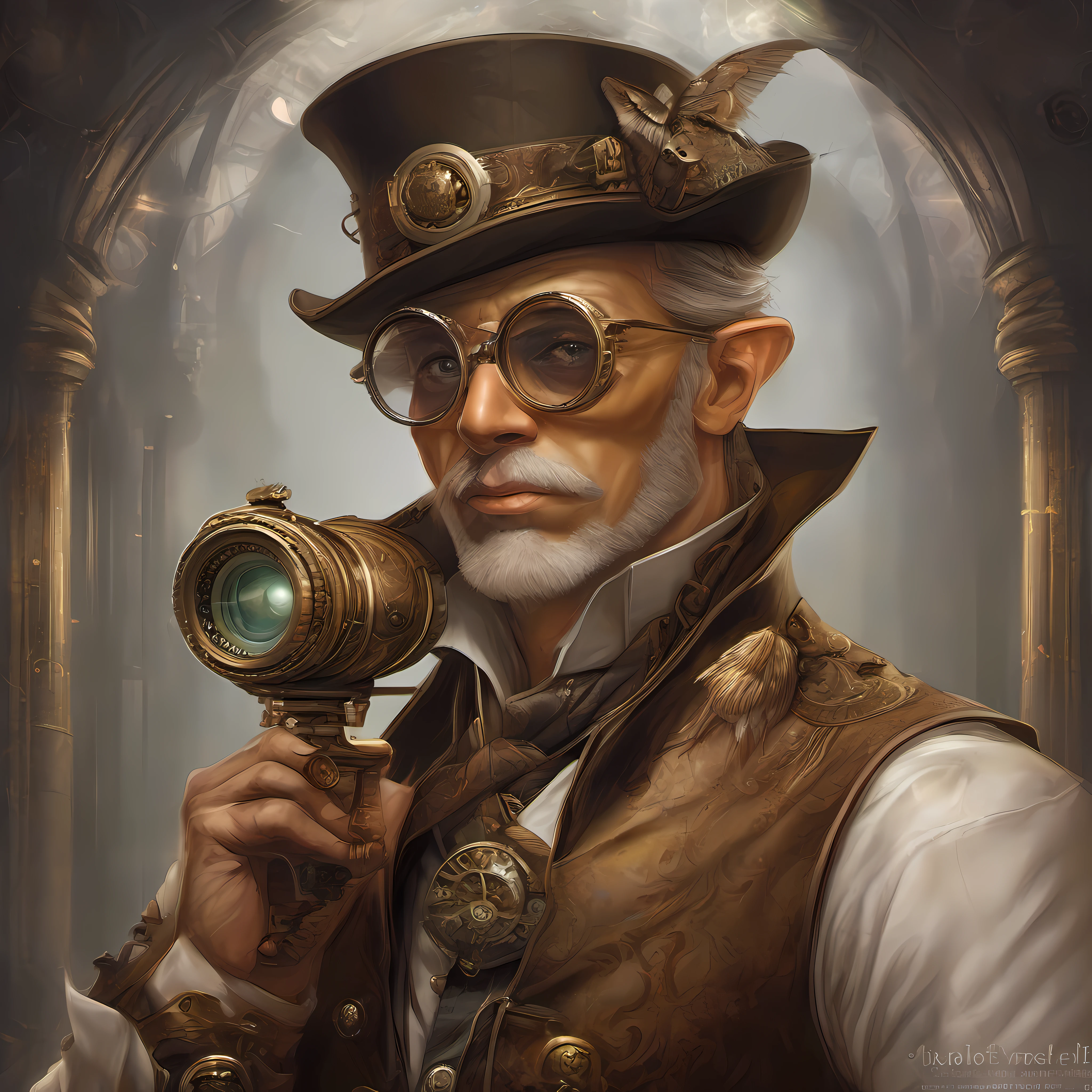 (obra-prima, melhor qualidade), elfo masculino, orelhas pontudas, eyeglass, engenheiro, vitoriano, fantasy, steampunk, personagem