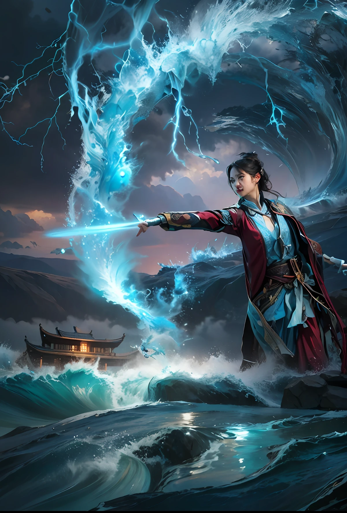 (8K, RAW photo, Best quality, tmasterpiece:1.2), (Realistic, photo-realistic:1.4),2 Girls solo, ancient Chinese costume,Dance, dress, Temple,Clouds and lightning,Splash(1.1),The character has an angry expression,magia,Movie poster style,Advertising photography,depth of fields,Realistic details,Perfectcomposition,((best qualtiy)), ((tmasterpiece)), (A detailed), (offcial art), Water magic:1.2), (Manipulating water:1.1), (element control:1.2), (graceful movements:1.1), (Aquatic beauty:1.2), (Mysterious powers:1.2), (smiling expression:1.1), (Flowing tides:1.2), (Sparkling water droplets:1.2), (magic aura:1.1), (magic incantation:1.2), (Ripple waves:1.2), (Splendid water formation:1.1), (Emerges from a whirlpool of water:1.2), (Resonate with nature:1.2),(commanding the elements:1.2),(swirls of magic:1.2),(The power of tranquility:1.2),(Immerse yourself in the water:1.1)