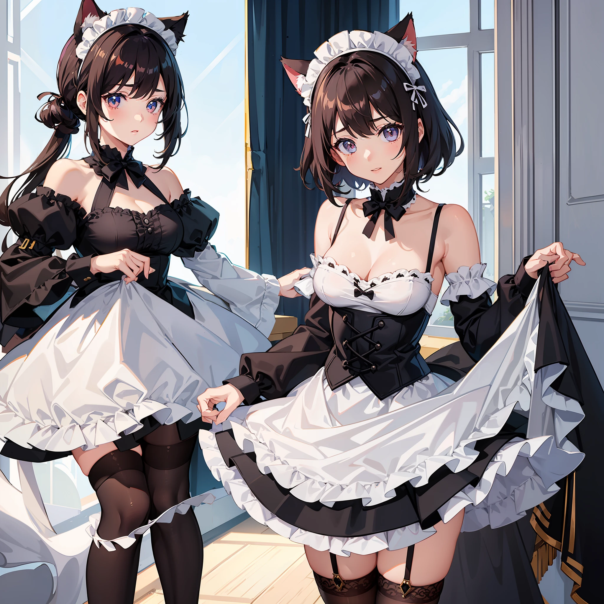 (Best quality),(Detailed), (1 girl),Kizi,a cat tail,There are cat ears on the top of the head,white thighhighs, short detailed hair,brunette color hair,Medium breasts,the maid outfit,Lift the skirt to reveal the panties,the shy,Shame