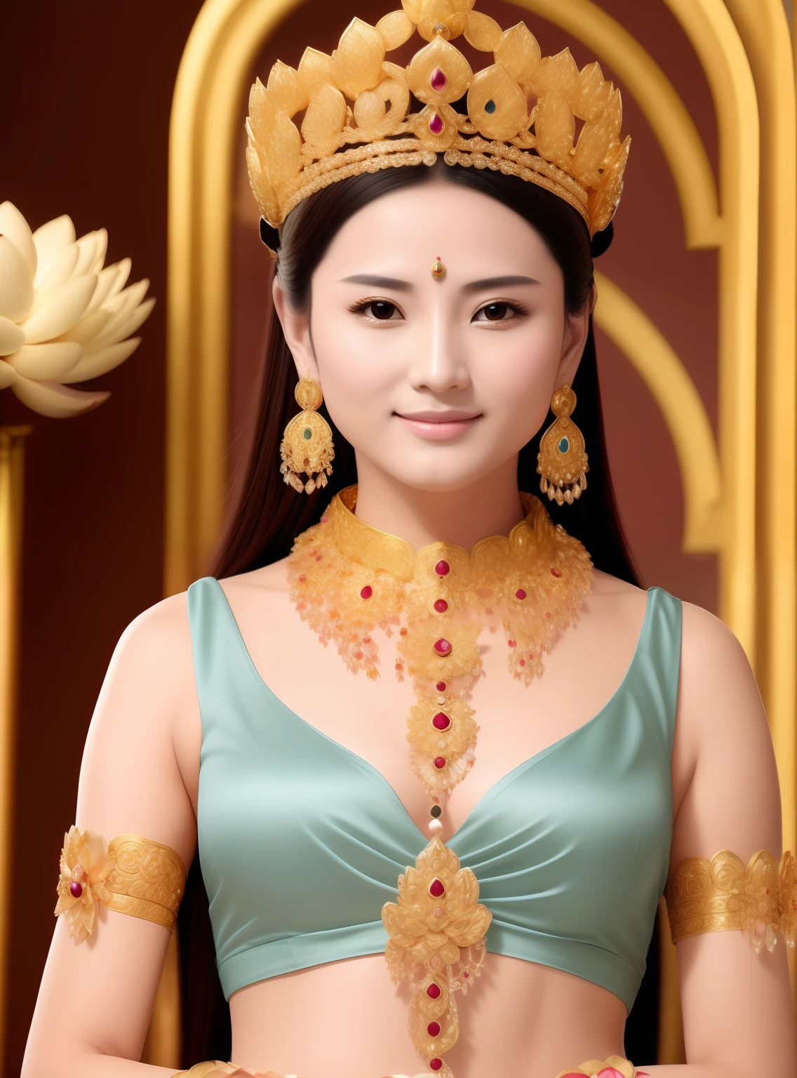 In Elysium,Beautiful 16-year-old princess sitting on a large lotus flower,Wearing a delicate gold crown,Full face,Rounded jaw,A very happy face,Lotus in hand,Barefoot on both feet,The corners of the mouth are slightly upturned,Look at the camera with a gentle expression,choker necklace,Nobile,Yingluo,chest jewel,Armour,jewelery,Pedras preciosas,Gorgeous and noble costumes,Cross-shoulder top,The sky behind the character has a transparent aperture,Background of clear sky,A gorgeous fairyland-like Elysium,Jewelry decoration space,The gold plate is filled with spheres,Clean and ethereal picture,Pure and stain-free,Light,Clean,stately,opulent,Pure Land,8k 壁纸,Amazing Cleavage,tmasterpiece,Goddess of wealth,Venerable goddess,Beautiful dream world,Magical fantasy,