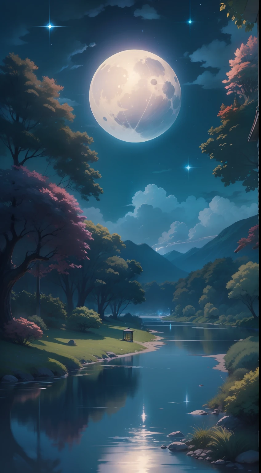 A painting of a river with stars and moon in the sky, concept art inspired by Tosa Mitsuoki, pixiv contest winner, best quality, fantasy art, beautiful anime scene, a bright moon, moonlit starry environment, dream painting, Anime Background Art, Fantasy Landscape Art, Fantasy Night, Anime Background, Background Artwork, Fantastic Art, Atmospheric Anime, Starry Sky, Detail Enhanced.
