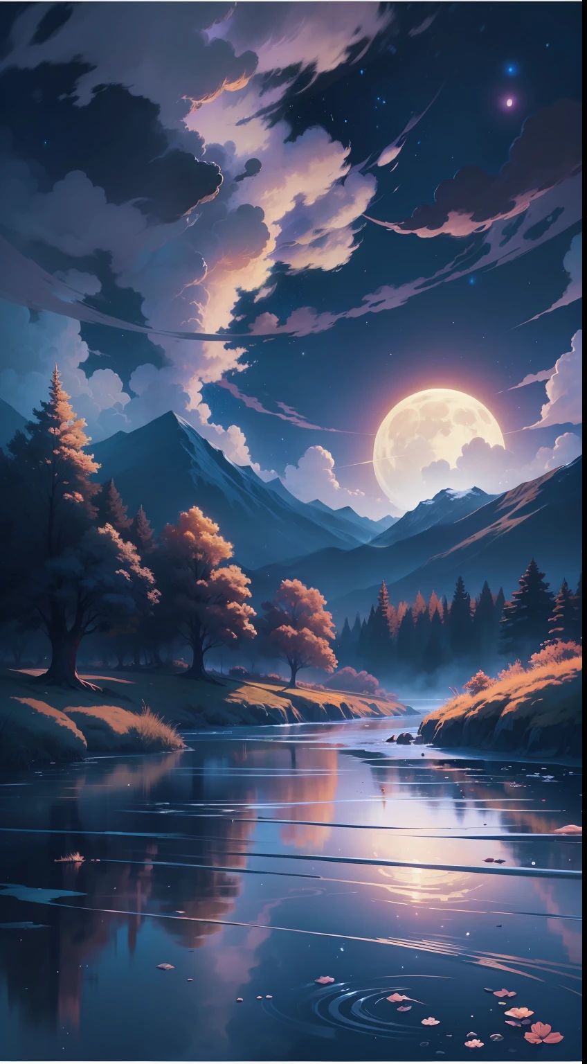 A painting of a river with stars and moon in the sky, concept art inspired by Tosa Mitsuoki, pixiv contest winner, best quality, fantasy art, beautiful anime scene, a bright moon, moonlit starry environment, dream painting, Anime Background Art, Fantasy Landscape Art, Fantasy Night, Anime Background, Background Artwork, Fantastic Art, Atmospheric Anime, Starry Sky, Detail Enhanced.