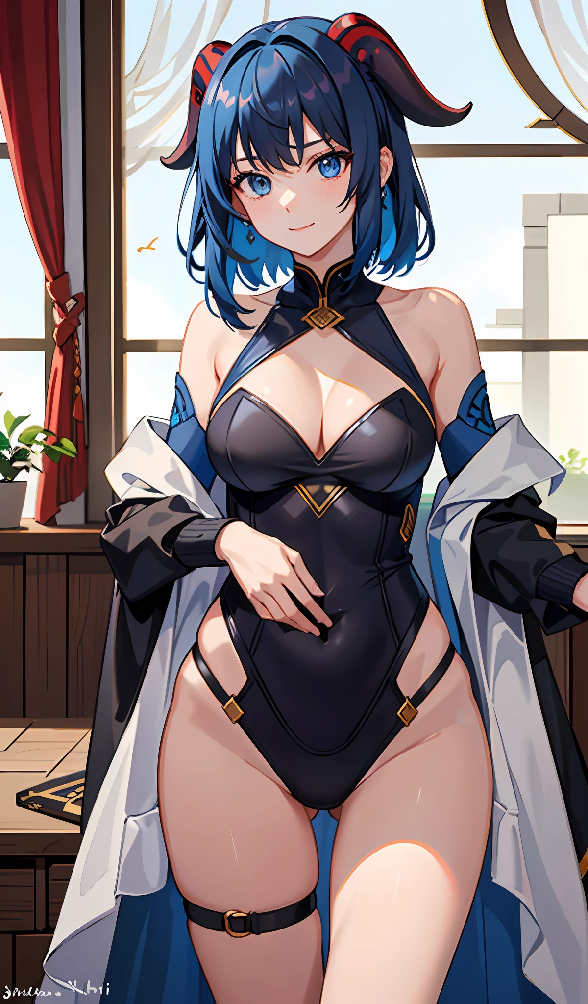 Ganyu_Genshin,blue color eyes,(short detailed hair)A high resolution,(Close-up of the face 1.2),sportrait,Red horns,Large breasts,A sexy pose,(Off-the-shoulder outfit1.5),(Short light blue hair1.2),ultra - detailed,Solo,(1girll:1.3),black undersuit,(Large breasts 1.3),(cleavage 1.5),(black in color )ganyudef, The upper part of the body, ssmile, Be red in the face,bedroom background,bookshelves,Greenery