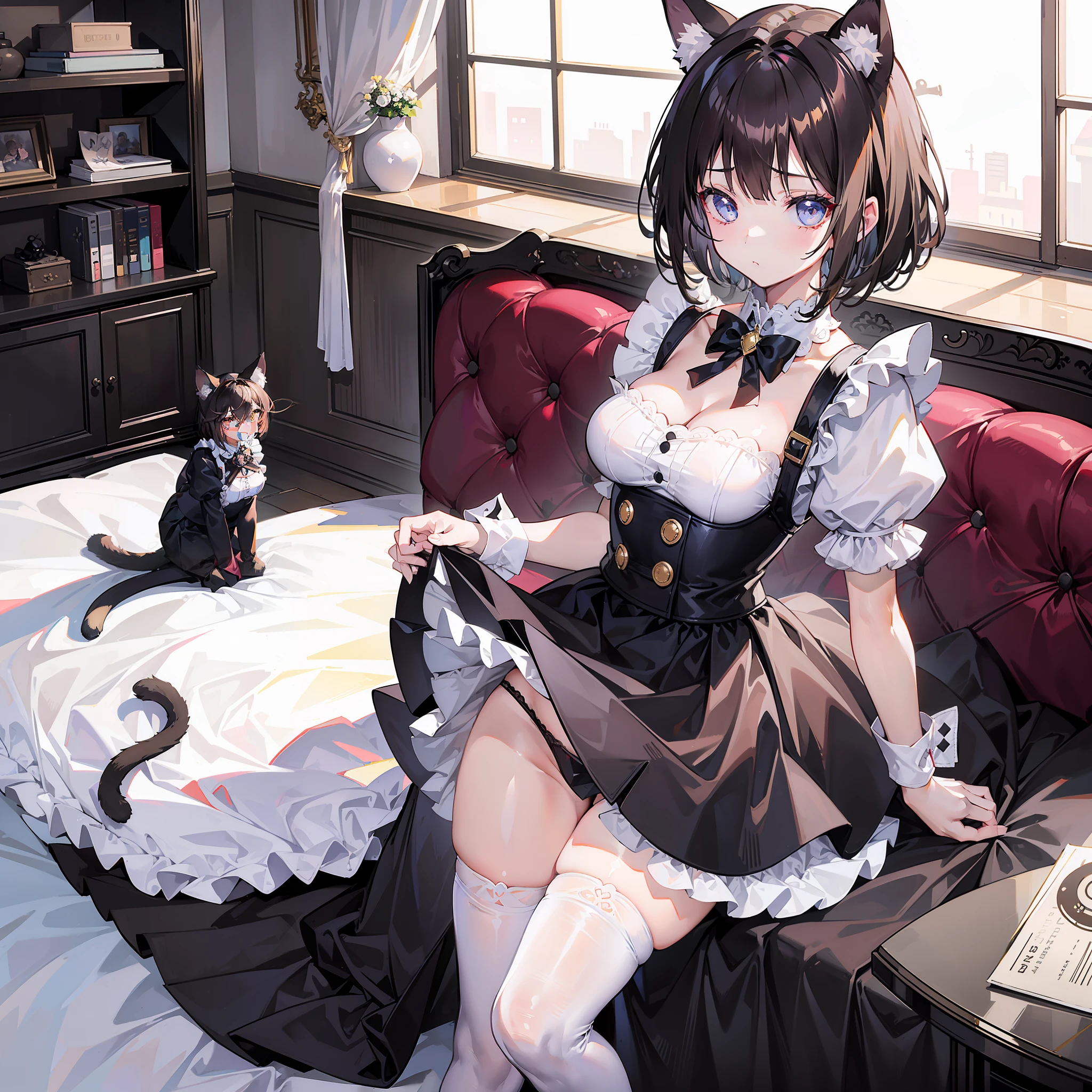 （Best quality)，（Detailed), (1 girl),Kizi，a cat tail，There are cat ears on the top of the head，white thighhighs, short detailed hair，brunette color hair，Medium breasts，the maid outfit，Lift the skirt to reveal the panties，the shy，Shame