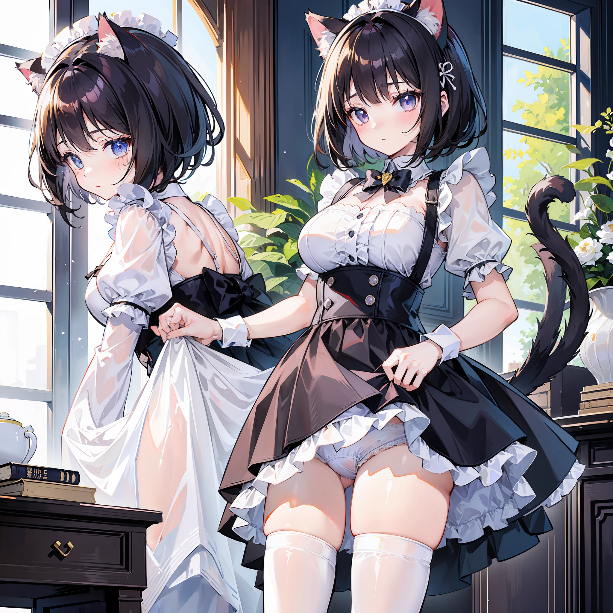 （Best quality)，（Detailed), (1 girl),Kizi，a cat tail，There are cat ears on the top of the head，white thighhighs, short detailed hair，brunette color hair，Medium breasts，the maid outfit，Lift the skirt to reveal the panties，the shy，Shame