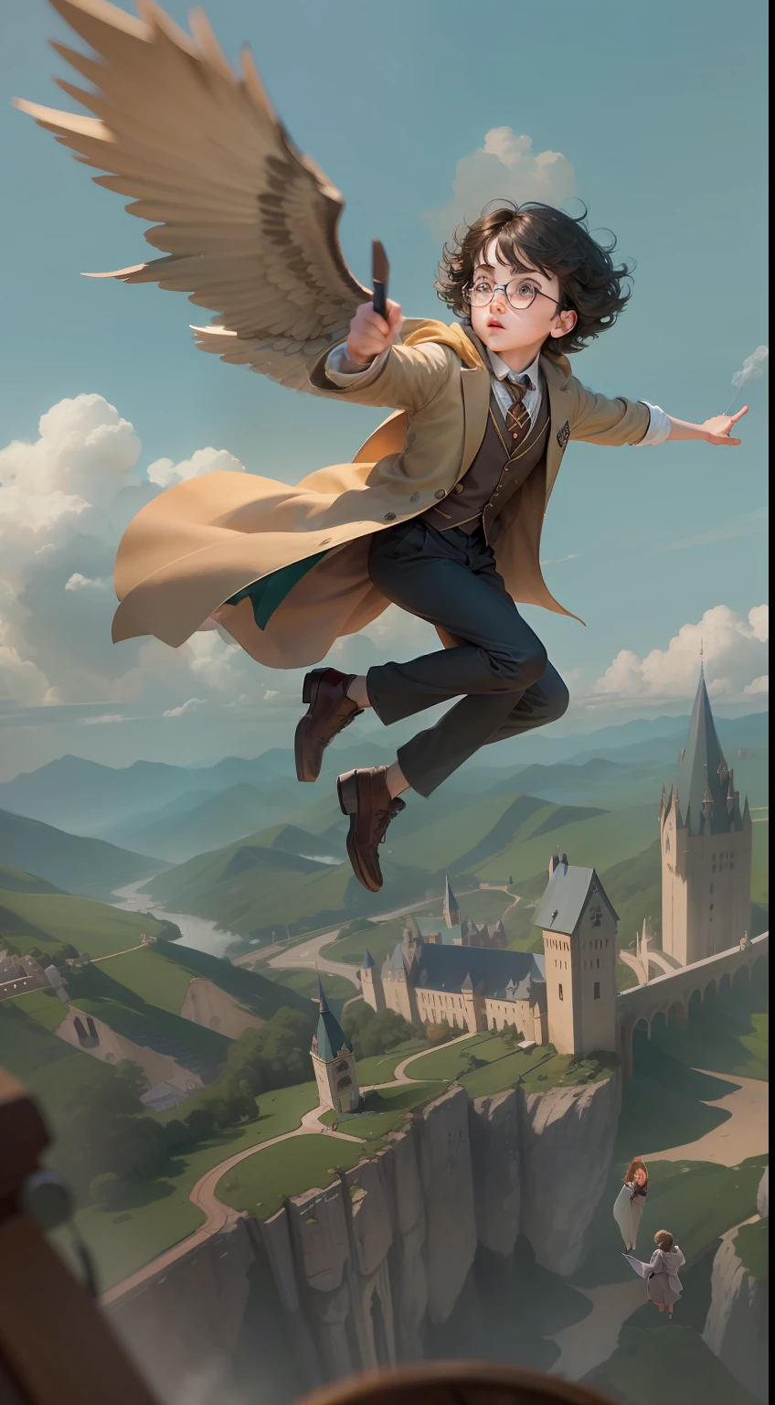 Young Harry Potter in dress pants sitting on a broom flying in the sky with short, flowing hair looking up with his hand raised, perseguindo em velocidade mini bola de ouro com asas, (perspectiva 45 graus de cima para baixo), vestes de hogwarts, corpo inteiro