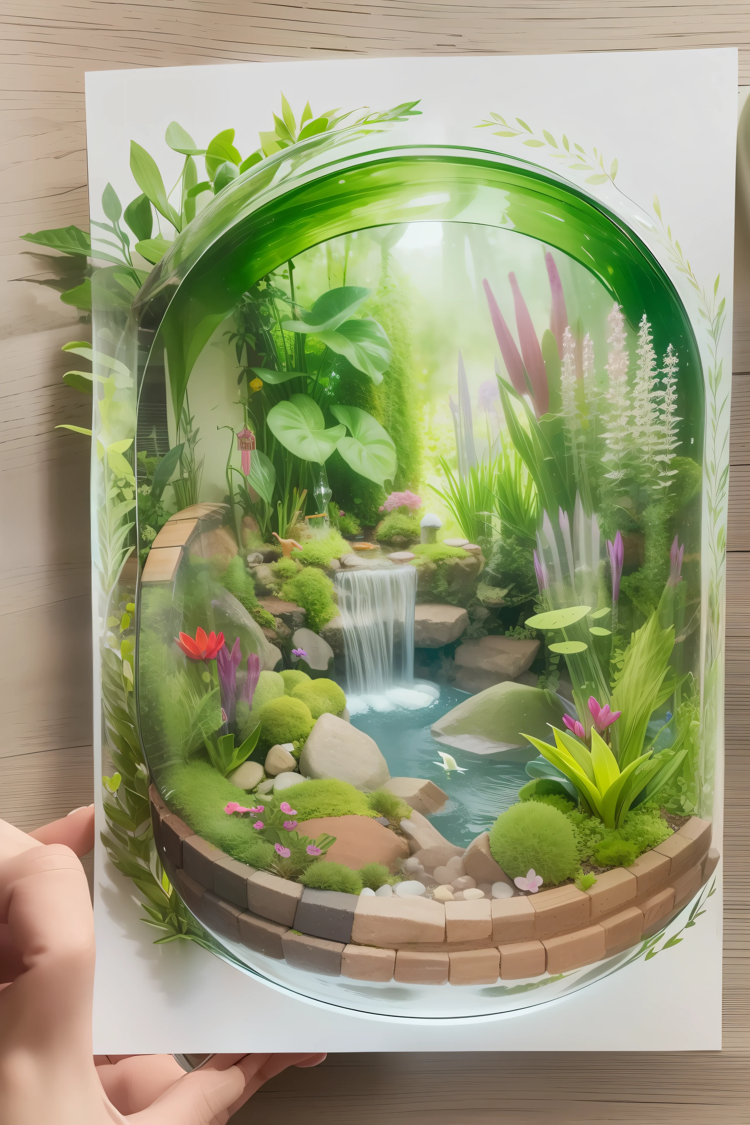 imagine prompt: A lush terrarium with a miniature enchanted forest, featuring vibrant flora and fauna, a tiny waterfall cascading into a crystal-clear pond, rays of soft sunlight filtering through a glass dome, creating a magical atmosphere, Illustration, watercolor on paper, --ar 1:1 --v 5