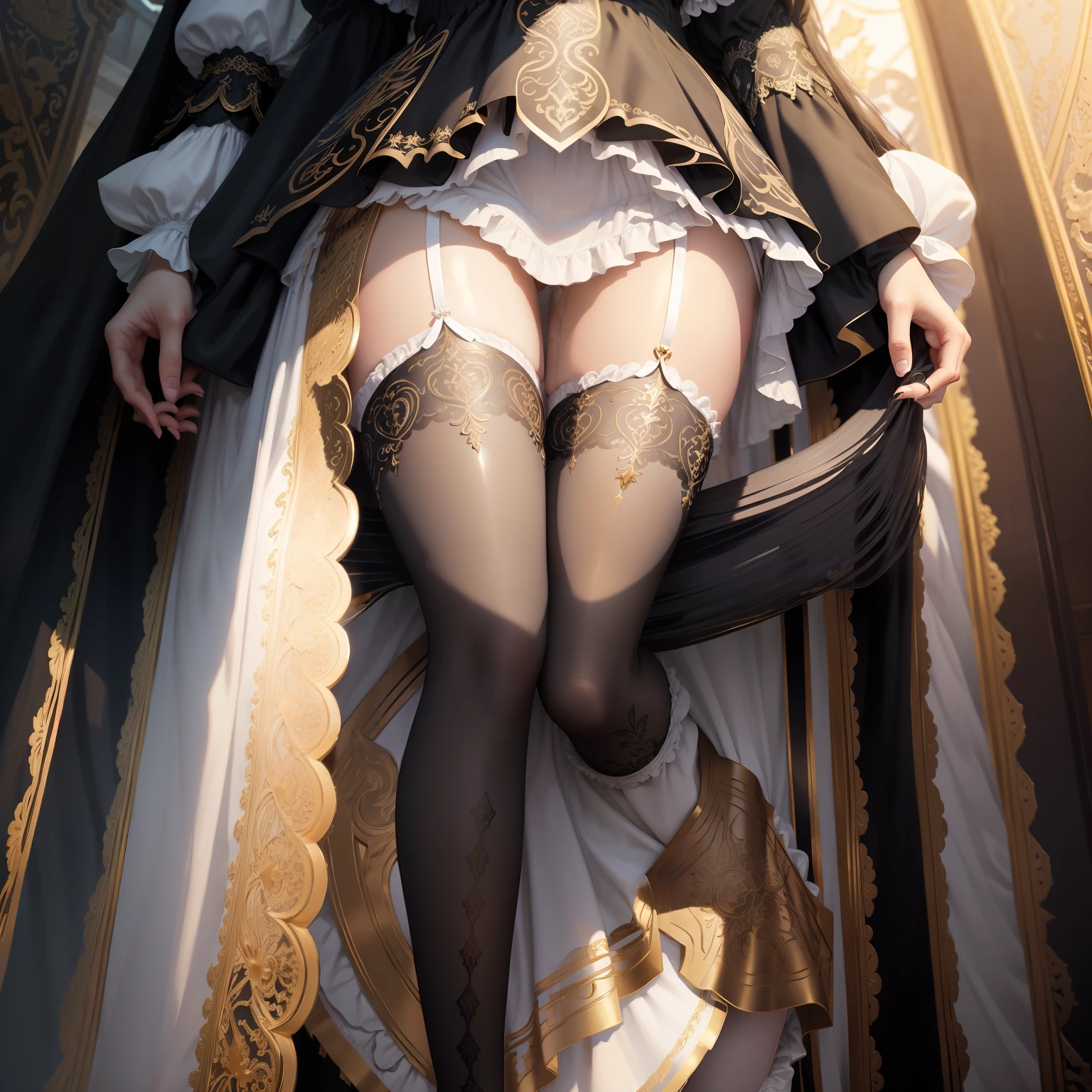 Highest image quality,hyper HD,Beautiful CG,Rich in detail,Loli succubus,White openwork stockings,Full of seduction,nuns clothing,Black and white color scheme,Golden decoration,Get wet,cleanness,Rich in detail,Holy texture,Loving eyes,enrich decorations,Transparent material,Openwork cutting,elegance