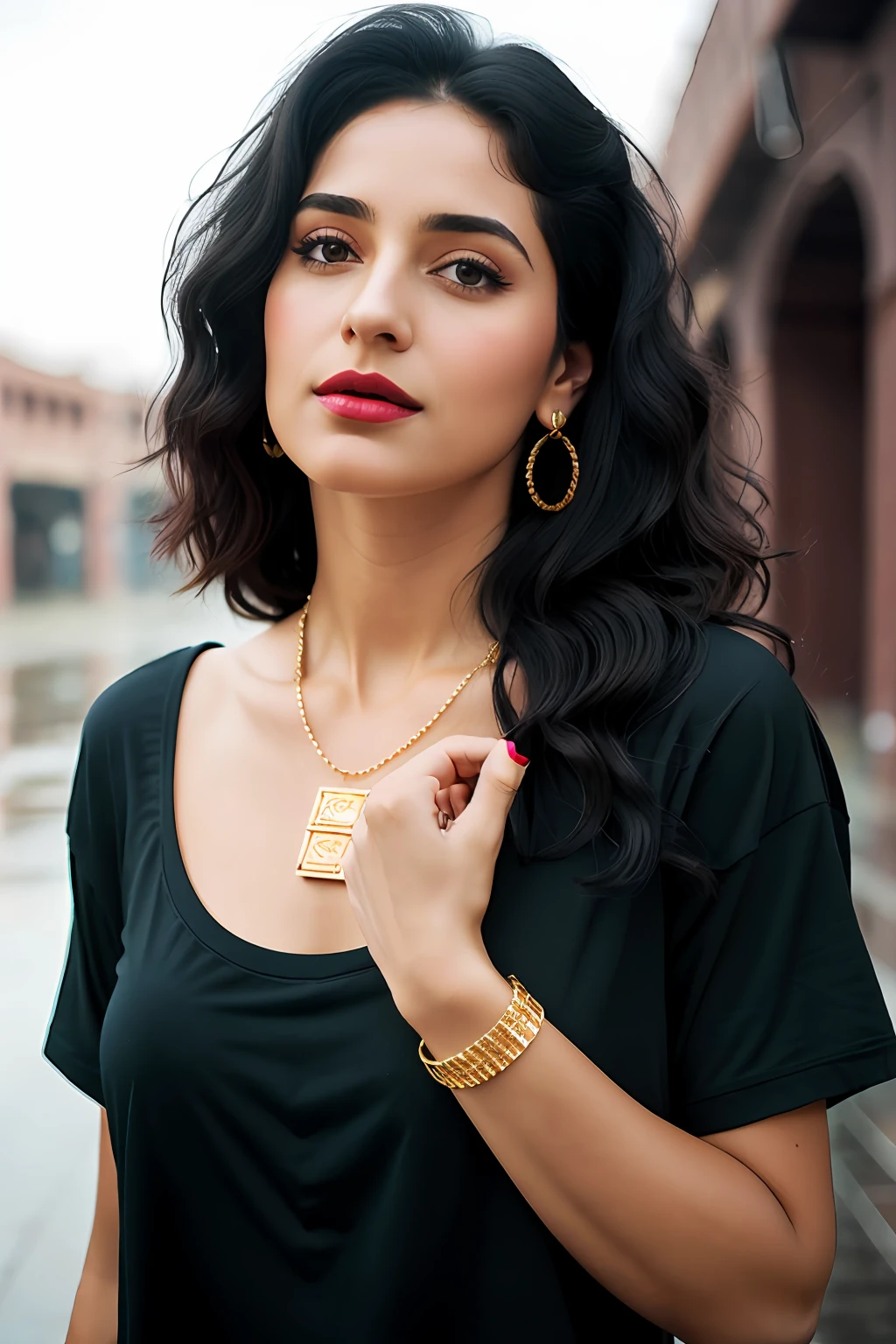 Wavy short black hair, (RAW photo, realism: 1.8), (dark lip gloss, light red lipstick, many eyelashes, dark black eye shadow, shy, blushing, high quality, high resolution, depth of field, chromatic aberration, caustic, wide light, natural colors, 30 year old woman), necklaces, chokers, earrings, bracelets, wear many accessories, very soft large breasts, style A good woman,
((Best Quality, 8k, Masterpiece:1.3)), Focus: 1.2, Perfect Body Beauty: 1.4, Arabian 30 years old woman: 1.2, ((short weavy Hair)), (Black Baggy basic tee-shirt:1.1) , basic full body length tee-shirt (Rain, railyard:1.3), Green skinny jeans, long jeans: 1.1, Highly detailed face and skin texture, Detailed eyes, Double eyelids, toned body, Whitened skin, minor smile, large breasts, toned legs, beautiful detailed feets, long heel's, detailed feets and fingers, perfect feet's, whitened skin, detailed sharp eyes and face, middle eastern woman, baggy medium size basic tee-shirt, simple plain Baggy Tee-shirt, toned hips, 8K UHD, neck gold chain, model looks, standing outside at Punjab university, Lahore, carrying brown leather hand bag, rainy weather, dark clouds, wearing wrist watch, bracelet, bangle's open legs style Posing, Dehli Gate, rainy atmosphere, Lahore Pakistan, Lahore food street,