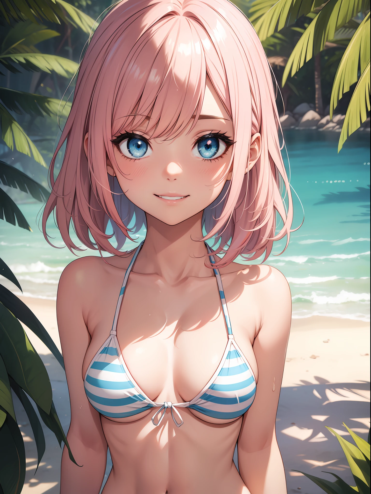 Top quality ultra-detailed CG art、Upper body naked、Bikini with vertical stripes:1.2)、sand beach、Pink hair、Glossy hair、smooth hair、large blue eyes,Mid summer、Delicate body、breasts are small、Medium Hair、short in stature、It features a simple、Hairpin、ssmile、short in stature、Wink、relax vibe、Always cheerful and popular girl、cheerful girl、Tying hair、