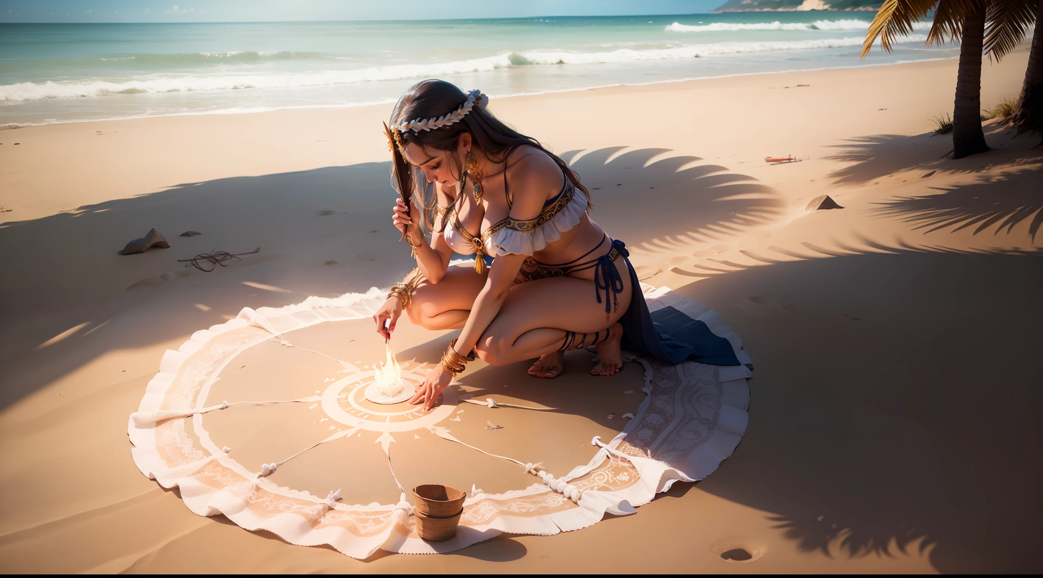 hermosa hechicera haciendo u ritual en la playa foto realista ultradetallada