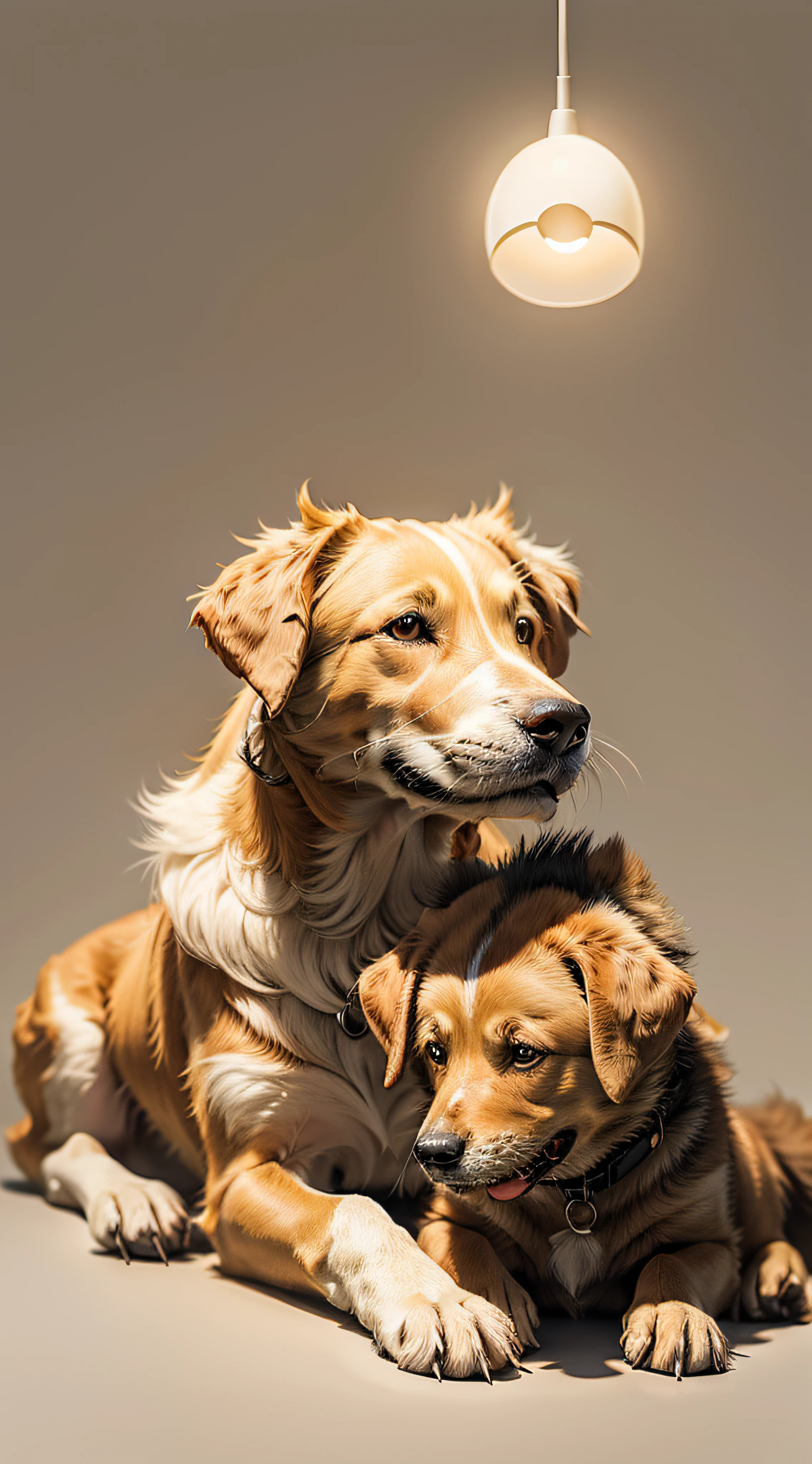 a dog with a puppy against a grey background, simple background, in the style of light orange and light beige, minimalist images, photography installations, paleo core, hyper-realistic, poetic intimacy