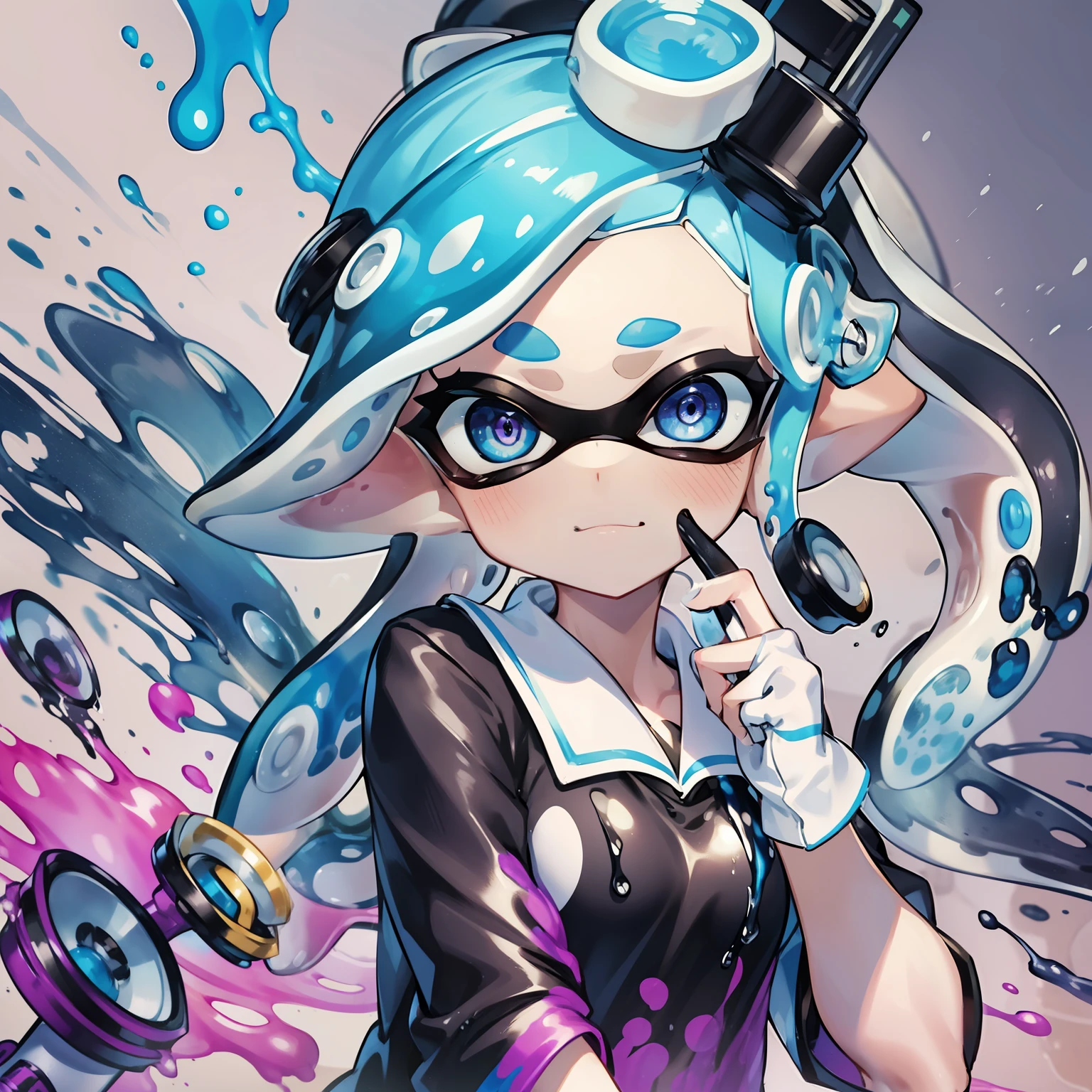 ((Splatoon))、Black shirt、spats、blue hairs、sano、vivd colour、freehand、Cuttlefish hair、a beauty girl、​masterpiece、top-quality、detaileds、((Splash paint))、Splash paint、Drip paint、Splash ink、I don't have anything