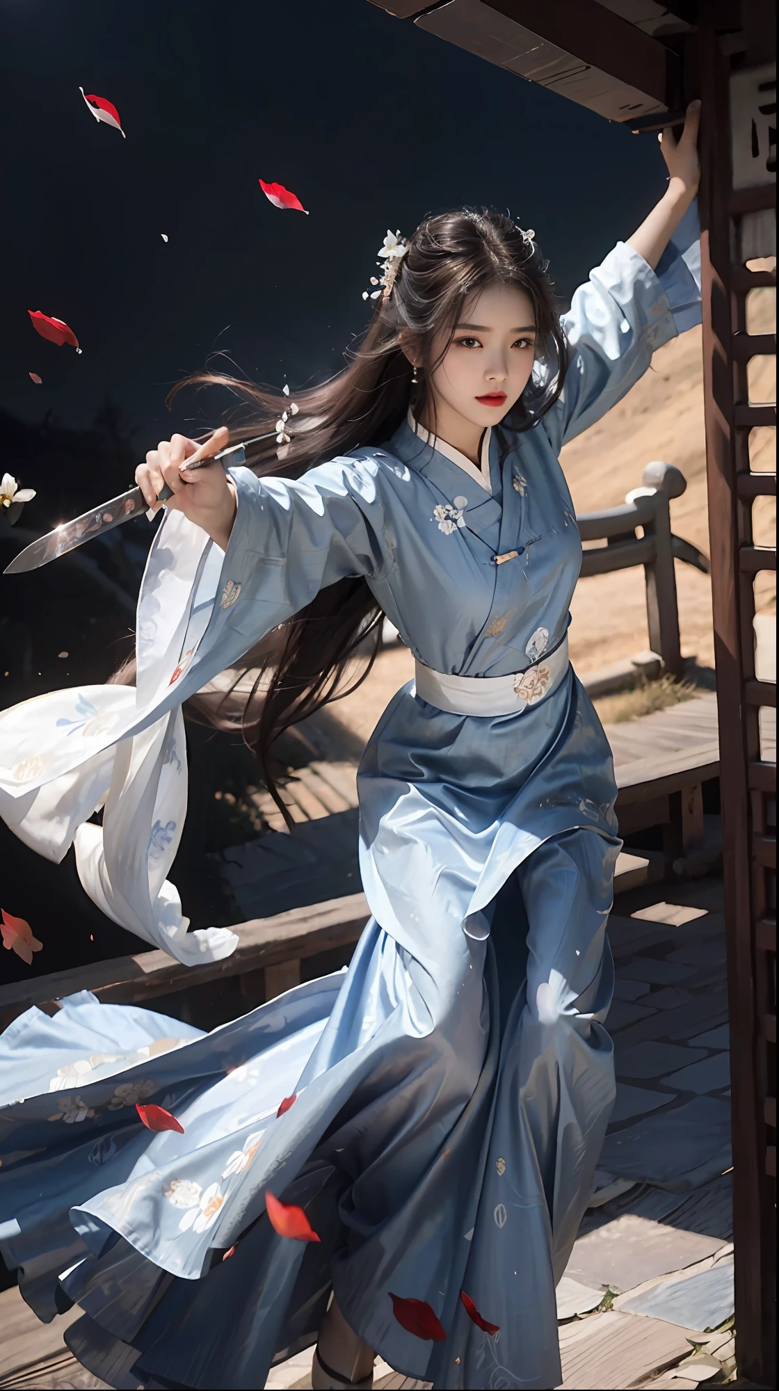 Superb Beauty, (Milky Skin: 1.3), Exquisite Details, High Resolution, Wallpaper, 1 Woman, Solo, Dress, Hair Accessories, (((Blue and White Dress)), flower, baihuaniang, long hair, brown hair, shut up, long sleeves, wide sleeves, big eyes, flowing hair, Chinese style, holding a katana, chinese clothing, hanfu, embroidery, long skirt, falling petals, dusk, 16K, HDR, High resolution, depth of field, (film grain: 1.1), Bocon, prime time, (lens flare), vignetting, rainbow, (color grading: 1.5)